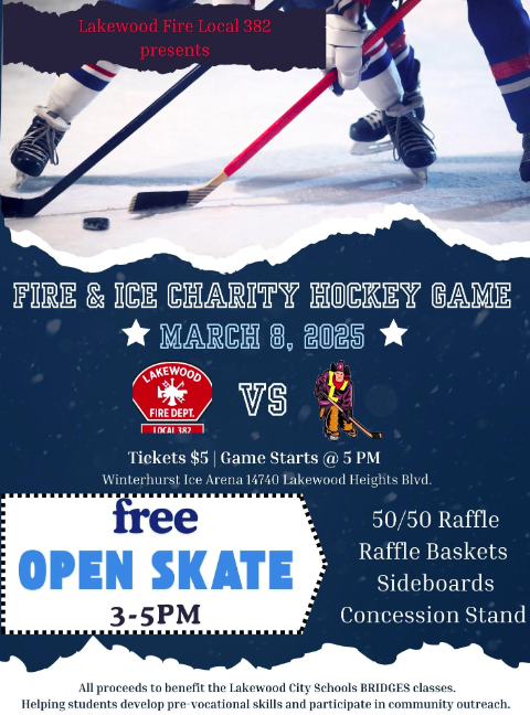 <a href="/LkwdSchools/">Lakewood OH Schools</a> <a href="/GMSLkwdPTSA/">Garfield MS Lakewood PTSA</a>   Please join us at Winterhurst next Saturday night for some hockey as the Lakewood Rangers take on the Lakewood Fire Department.  Free open skate before the official contest.  All proceeds will benefit the BRIDGES program at Garfield Middle School!