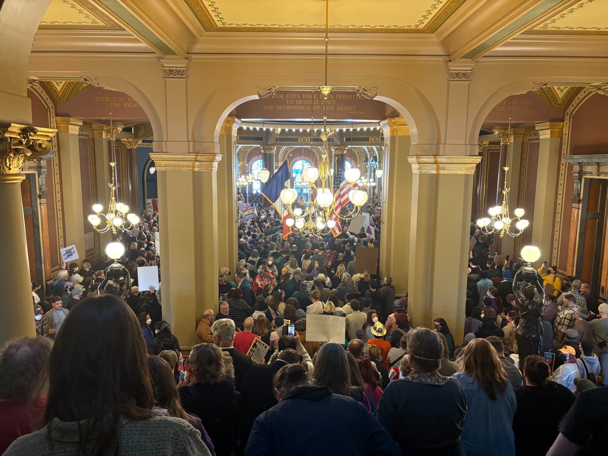 DanaSearles's tweet photo. The statehouse is packed with people as a public hearing is underway for an unprecedented bill, that would remove gender identity as a protected civil right. If it is debated and passed today in both chambers, Gov. Reynolds could sign this bill as soon as today. @weareiowa5news https://t.co/oMQNLONx5W