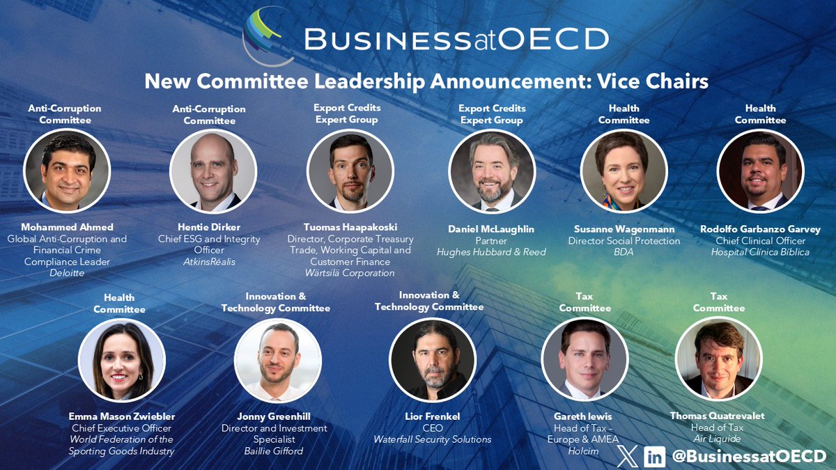 Business at OECD (@businessatoecd) on Twitter photo 📣 We are delighted to announce more new committee leadership!
<a href="/Deloitte/">Deloitte</a>, <a href="/atkinsrealis/">AtkinsRéalis</a>, <a href="/wartsilacorp/">Wärtsilä Corporation</a>, <a href="/HughesHubbard/">Hughes Hubbard</a>, <a href="/DieBDA/">BDA</a>, <a href="/CLINICABIBLICA/">CLÍNICA BÍBLICA</a>, <a href="/WFSGI/">WFSGI</a>, <a href="/BaillieGifford/">Baillie Gifford</a>, <a href="/WaterfallSecure/">Waterfall Security Solutions</a>, <a href="/Holcim/">Holcim</a>, <a href="/airliquidegroup/">Air Liquide Group</a> & more will advocate our business priorities at the <a href="/OECD/">OECD ➡️ Better Policies for Better Lives</a>.
🔎 📣 We are delighted to announce more new committee leadership!
<a href="/Deloitte/">Deloitte</a>, <a href="/atkinsrealis/">AtkinsRéalis</a>, <a href="/wartsilacorp/">Wärtsilä Corporation</a>, <a href="/HughesHubbard/">Hughes Hubbard</a>, <a href="/DieBDA/">BDA</a>, <a href="/CLINICABIBLICA/">CLÍNICA BÍBLICA</a>, <a href="/WFSGI/">WFSGI</a>, <a href="/BaillieGifford/">Baillie Gifford</a>, <a href="/WaterfallSecure/">Waterfall Security Solutions</a>, <a href="/Holcim/">Holcim</a>, <a href="/airliquidegroup/">Air Liquide Group</a> & more will advocate our business priorities at the <a href="/OECD/">OECD ➡️ Better Policies for Better Lives</a>.
🔎