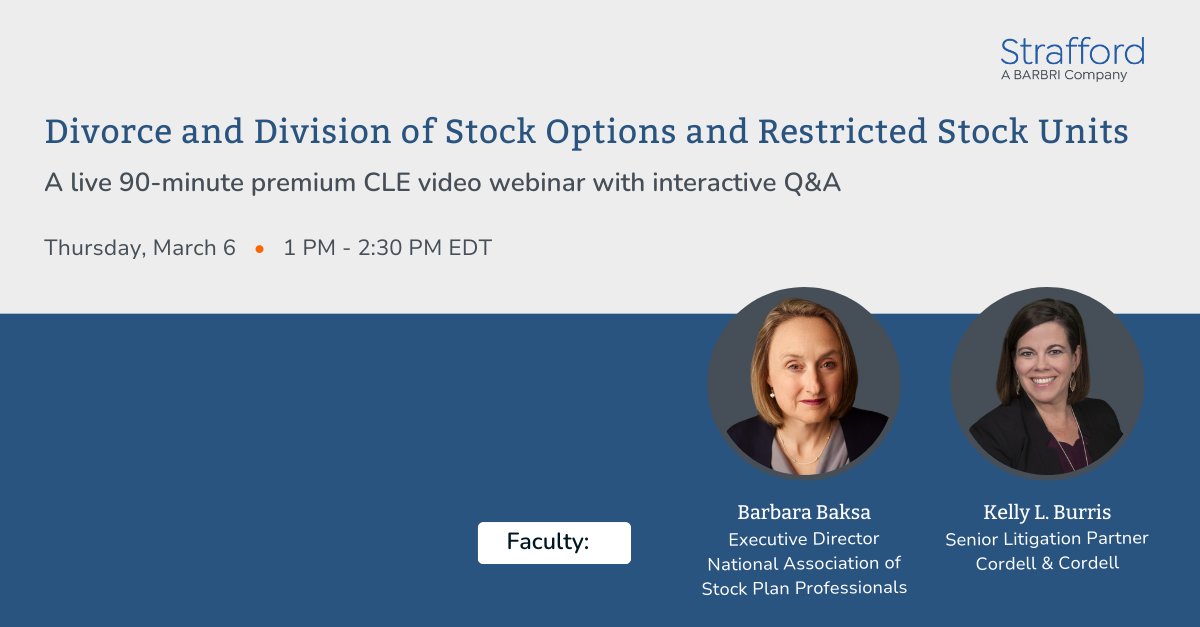 Join us for the Divorce and Division of Stock Options and Restricted Stock Units webinar with speakers Barbara Baksa from NASPP and Kelly L. Burris from Cordell &amp; Cordell.

📅Thursday, March 6, 2025
🕐1:00pm-2:30pm EST

Register here: pulse.ly/9cjikcmk4k