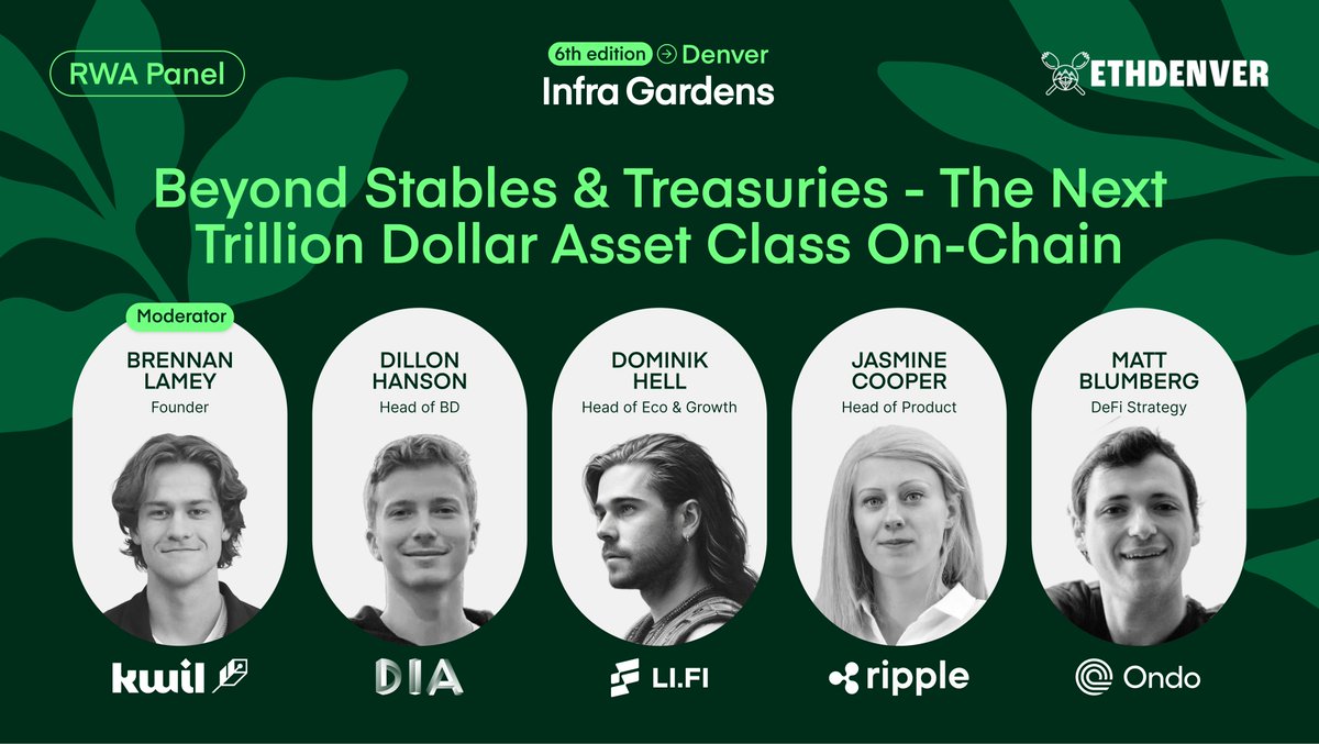 <a href="/lagrangedev/">LAGRANGE</a> <a href="/RandamuInc/">Randamu</a> <a href="/symbioticfi/">Symbiotic</a> <a href="/DefiantNews/">The Defiant</a> <a href="/avax/">Avalanche🔺</a> <a href="/synternet_com/">Synternet</a> <a href="/GenLayer/">GenLayer 🧠</a> 💰 Panel 1: Beyond Stables &amp; Treasuries – The Next Trillion-Dollar Asset Class On-Chain

🎤 Speakers:
• <a href="/brennan_lamey/">Brennan Lamey</a> | <a href="/KwilTeam/">Kwil</a> (moderator)
• <a href="/dillonhanson12/">Dillon Hanson | DIA</a> | <a href="/DIAdata_org/">DIA | Cross-Chain Oracles for Web3</a>
• <a href="/DominikHell6/">Dominik Hell</a> | <a href="/lifiprotocol/">LI.FI</a>
• <a href="/jazzicoop/">Jazzi Cooper</a> | <a href="/RippleXDev/">RippleX</a>
• <a href="/matt_blumberg/">LimitDown Matt</a> | <a href="/OndoFinance/">Ondo Finance</a>