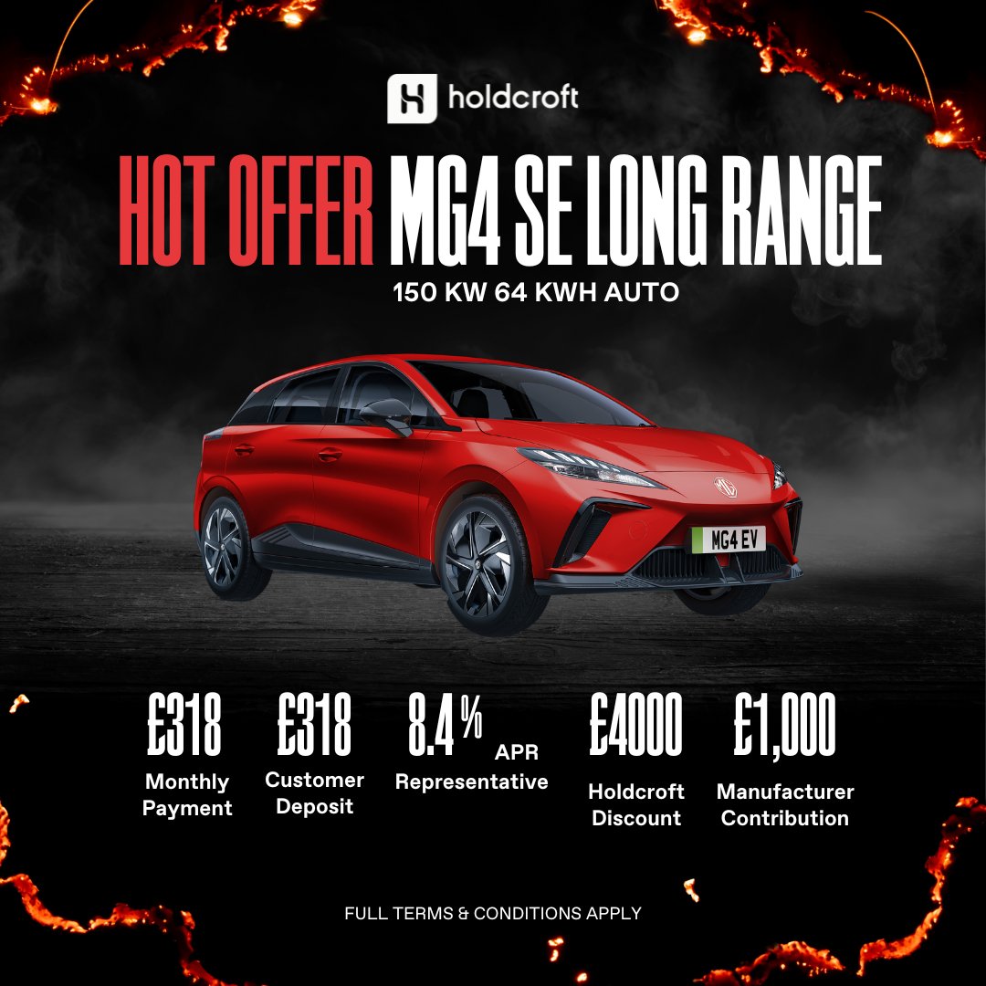 Go electric with the MG4 SE Long Range 150 kW 64 kWh Auto! ⚡🚗 Enjoy a £1,000 Test Drive Voucher and a massive £4,000 Holdcroft Discount. Monthly from just £318.00 (PCP) with a £318.00 deposit. Cash price £24,495. Visit Holdcroft today and electrify your journey! 🌟 #MG4