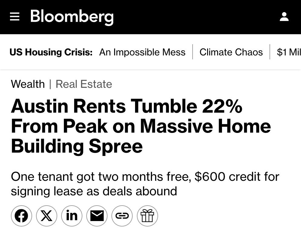 MorningBrew's tweet photo. Austin out here showing every US city how you address a housing crisis 

• 2021: Rent jumps 25% post-Covid, occupancy rate touches 92%

• 2022: City council slashes permit processes, cuts back building height restrictions

• 2023-2024: Developers build 55,000+ apartment units, most growth of any US metro 

• 2025: Rent down 22% from August 2023 peak, median asking price now $1,399/mo.