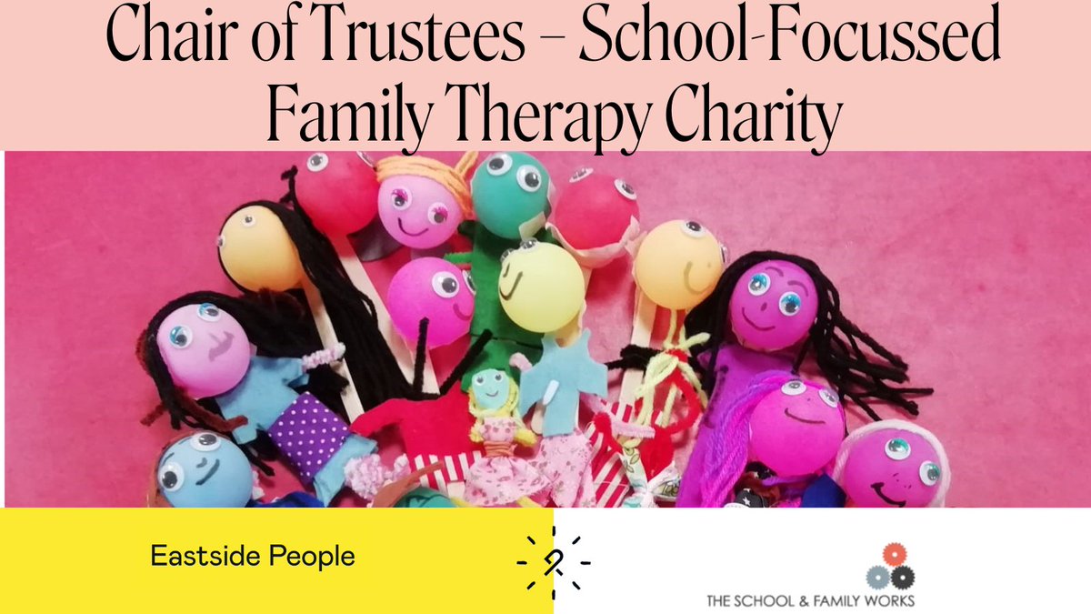Chair of Trustees wanted by Twickenham/Richmond-based school-focussed Family Therapy Charity <a href="/SFWchange/">School & Family Works</a>. Key responsibilities include strategic leadership delivering strategy &amp; helping meet organisation’s ambition &amp; charitable objectives. eastsidepeople.org/vacancy/chair-…