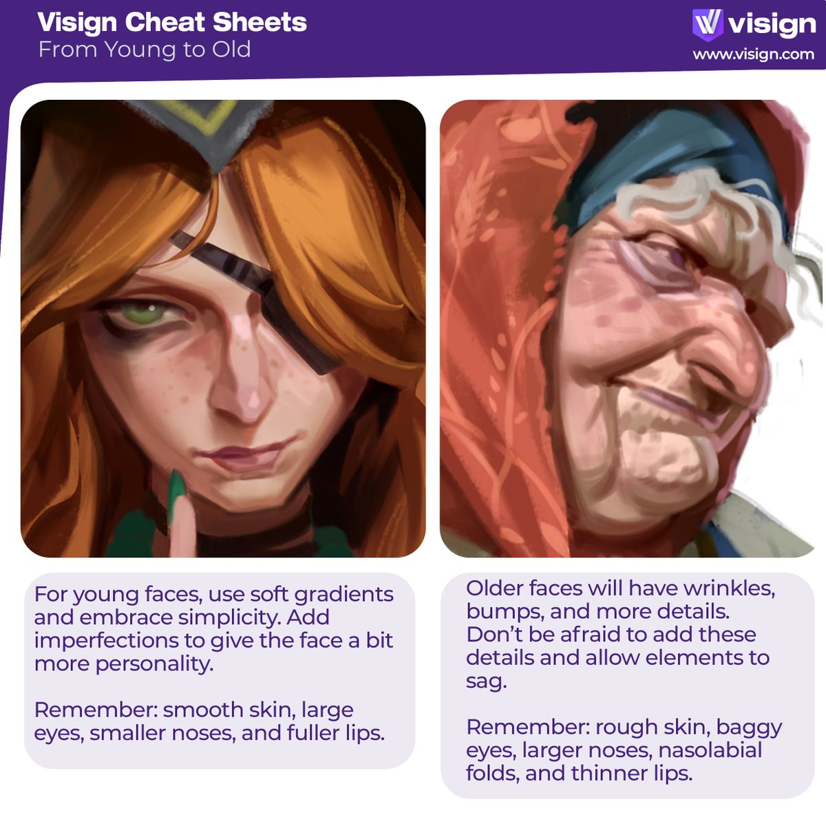 Young, middle-aged, or old? These fantastic pointers will help you remember what to emphasize in portraits at each age! Try them out, and create a wider range of portraits!
#visigncheatsheet #characterdesigntips #characterportrait #arttips