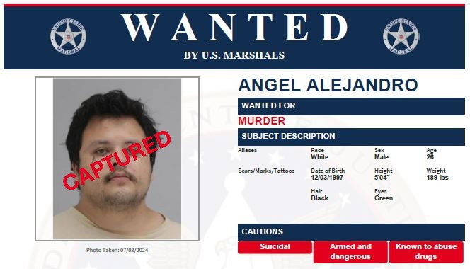 U.S. Marshals Service Dallas (@usms_dallas) on Twitter photo <a href="/USMS_Dallas/">U.S. Marshals Service Dallas</a> North Texas Fugitive Task Force is pleased to announce the apprehension of fugitive Angel ALEJANDRO, 26, who was wanted for Murder.  Alejandro was arrested by Florida State Patrol on February 24th, 2025. <a href="/USMS_Dallas/">U.S. Marshals Service Dallas</a> North Texas Fugitive Task Force is pleased to announce the apprehension of fugitive Angel ALEJANDRO, 26, who was wanted for Murder.  Alejandro was arrested by Florida State Patrol on February 24th, 2025.