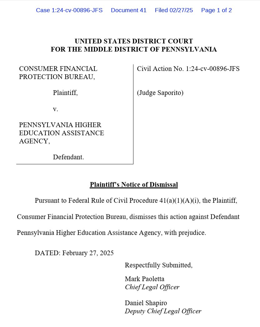 [BREAKING] Trump/<a href="/russvought/">Russ Vought</a>  dropped CFPB's consumer protection lawsuit against predatory student loan company <a href="/PHEAAaid/">PHEAA Financial Aid</a>.  

This is corrupt and deeply unfair to the borrowers who have been cheated by PHEAA at every step.

More to come from @theSBPC...

courtlistener.com/docket/6882180…