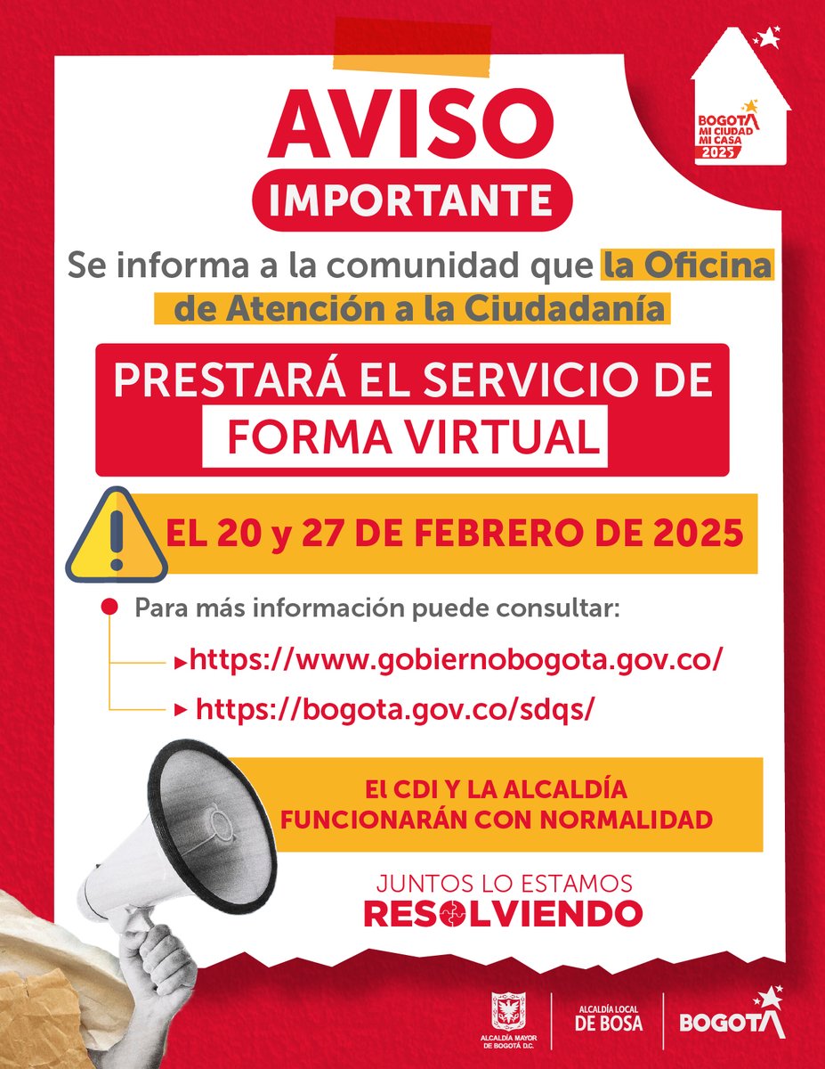 AlcaldiadeBosa's tweet image. Le recordamos a nuestra ciudadanía que #hoy 27 de febrero la Oficina de Atención a la Ciudadanía estará brindado servicio de forma virtual 

¡Los esperamos para juntos #Resolver!

#BosaResuelve
#BogotaMiCiudadMiCasa