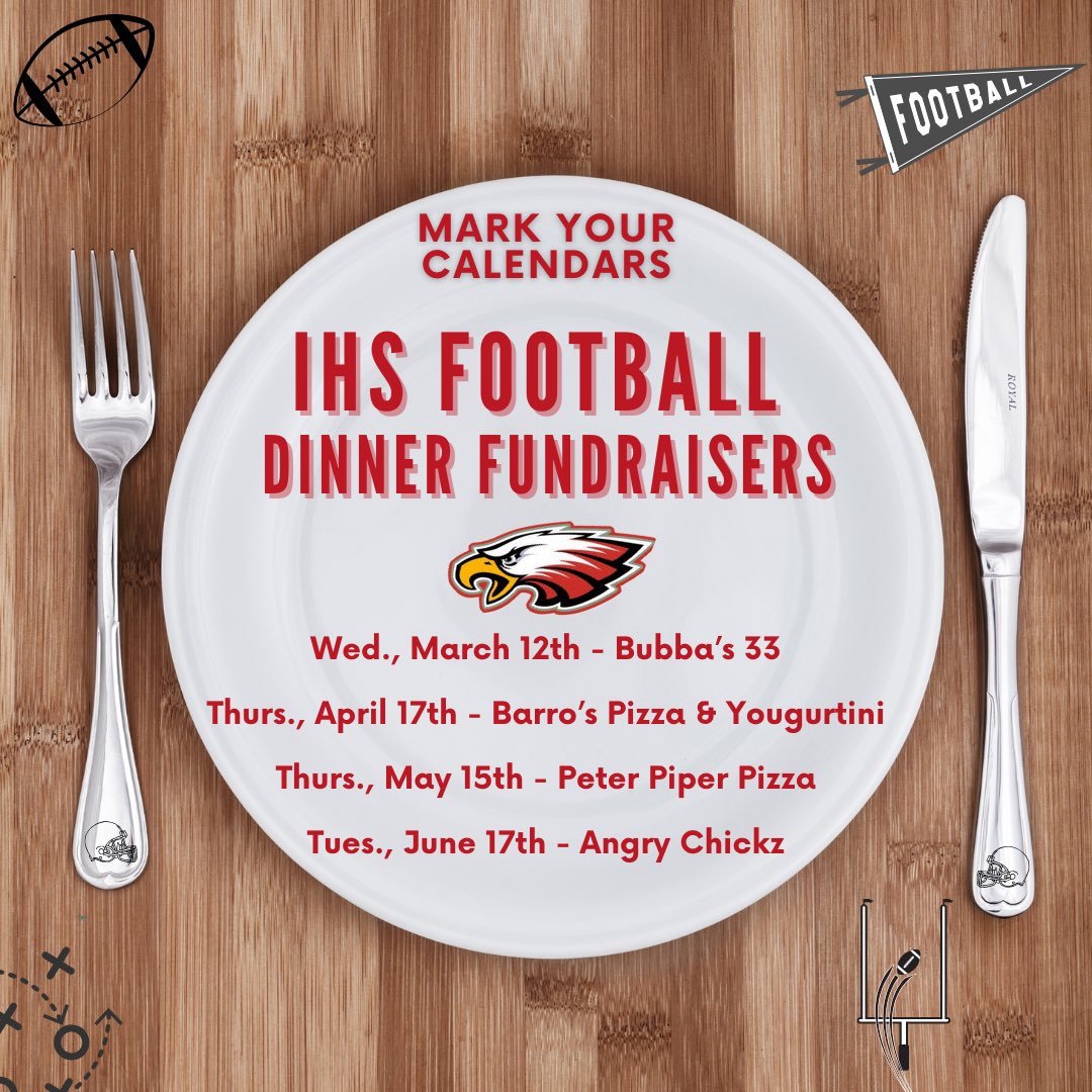 Mark your calendars for our upcoming dinner fundraisers in support of Ironwood Football!