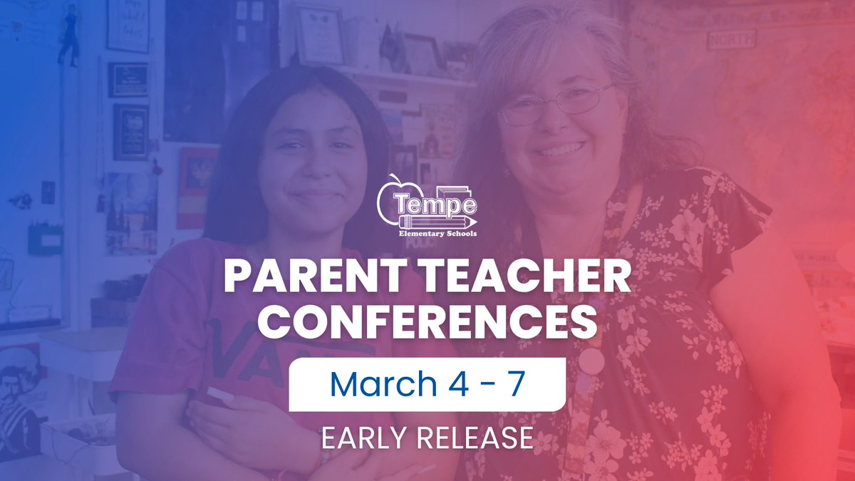 All of Tempe Elementary Schools (except Getz School) will operate on an early release schedule from Tuesday, March 4 through Friday, March 7 for Parent Teacher Conferences.

Review our early release schedule at tempeschools.org/discover/calen…