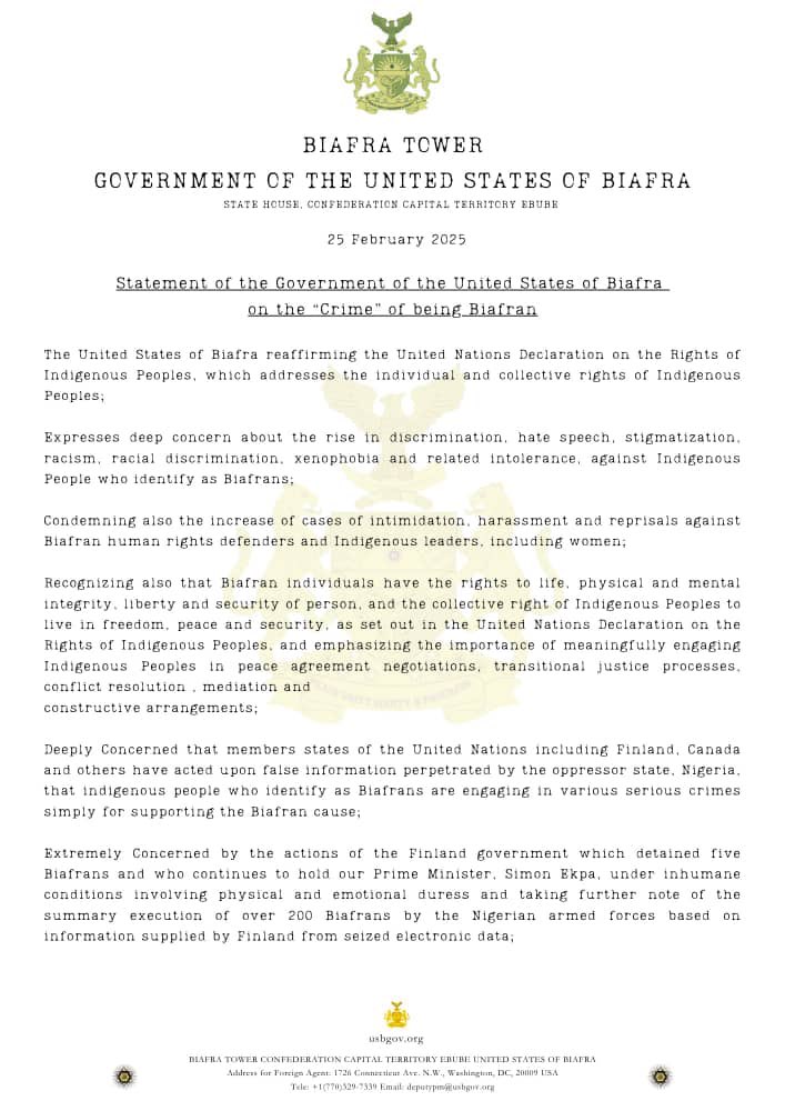 DpItps's tweet photo. Statement of the Government of the United States of Biafra on the “Crime” of being Biafran. https://t.co/N557n9buiV