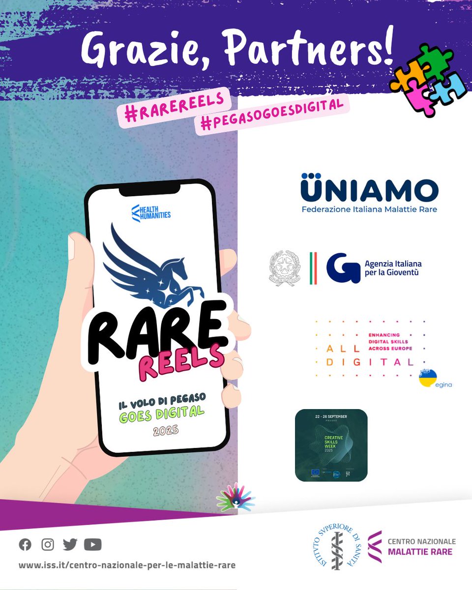 #RareReels2025 È STATO UN SUCCESSO! 🌟

Il contest si è concluso, un ringraziamento speciale va ai partner che, insieme all’ISS, attraverso HHlab del Centro Nazionale Malattie Rare, hanno contributo all’ed.2025 del contest e che hanno messo a disposizione fantastici premi!