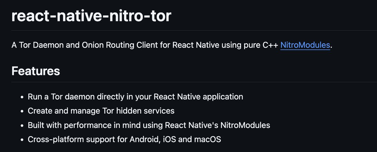 I made a Tor Daemon and Onion Routing Client for React Native using C++ Nitro Modules!
I think Nitro Modules is an underrated project to build super fast native modules for react native.