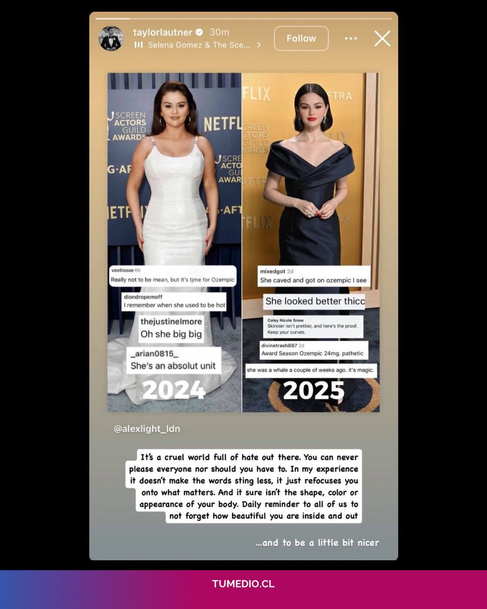 TuMedio's tweet image. #TaylorLautner defiende a #SelenaGomez de los comentarios que la humillan por su cuerpo:

“El mundo es cruel y está lleno de odio. Nunca puedes complacer a todo el mundo ni deberías hacerlo…”