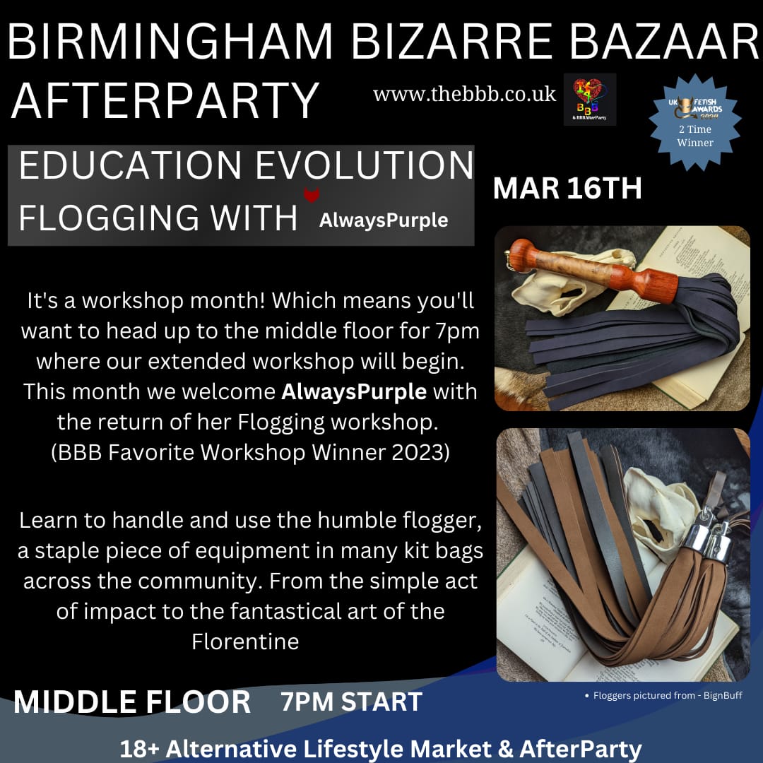BBBAltFetBazaar's tweet photo. Join us at the BBB &amp; AfterParty on March 16th! From 6 pm - 9 pm to buy yourself a new flogger! Immerse yourself in the workshop—perfect for learning new skills or refining your technique. While you're there, explore @BignBuffBespoke
#selling #bignbuff #floggers #impacttoys https://t.co/ffys4hDoCo