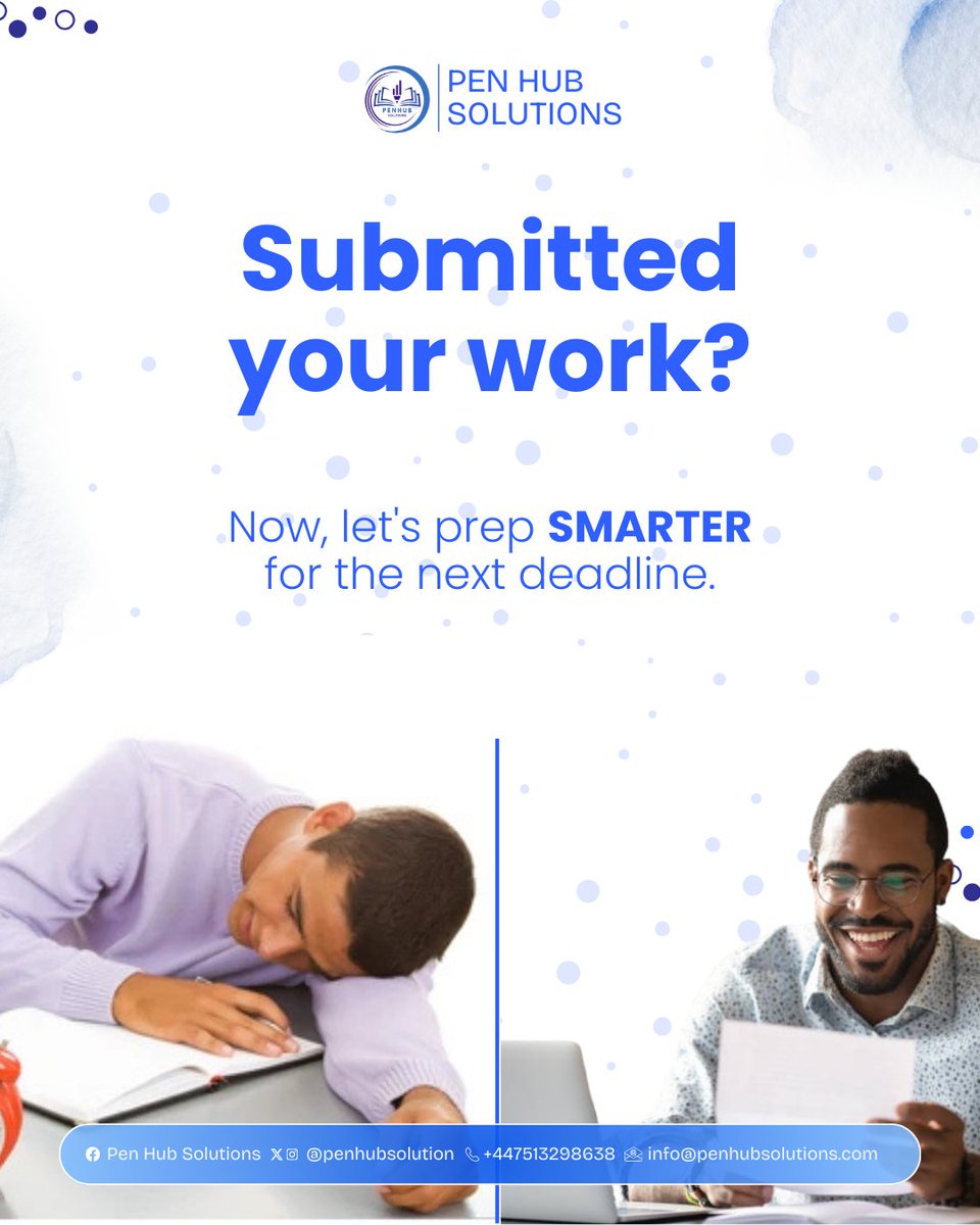 PenHubSolutions's tweet image. 📚 Submitted your work? 🎉
Now, let’s prep SMARTER for the next deadline. 💡
✅ Start early.
✅ Stay organized.
✅ Crush it stress-free.

⬇️ Reply with your best deadline tip ⬇️
#TheStudentStruggleIsReal #AcademicTwitter #PenHubSolutions