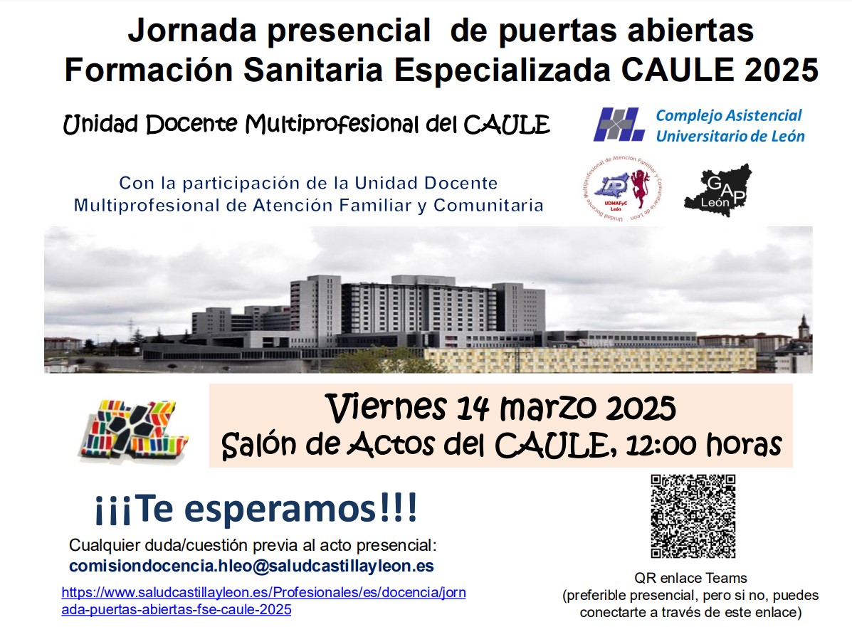 #MIR #EIR #FIR #PIR #QIR #BIR #RFIR

¡CYL os espera!
En breve comenzamos las jornadas de #puertas #abiertas en nuestras áreas de salud.
Conoce nuestros hospitales y centros de AP
¡Ven a #formarte con nosotros!

Complejo Asistencial Universitario de #León: 14 de marzo de 2025