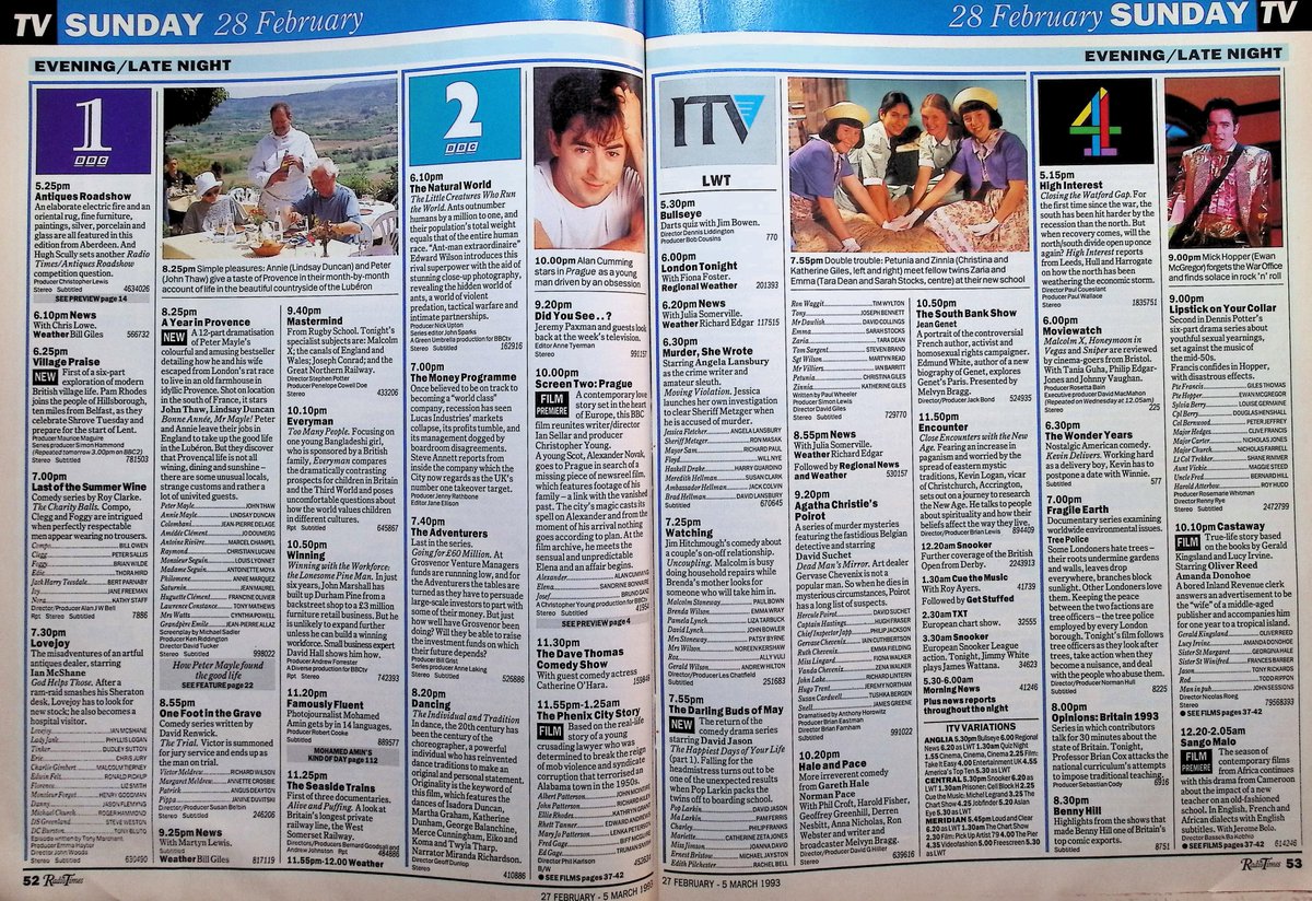 TvDidYouSee's tweet image. #OnThisDay 28 February 1993 📺TV Listings
#JohnThaw spends A YEAR IN PROVENCE.
#DavidJason returns in THE DARLING BUDS OF MAY.
Screen Two: PRAGUE stars #AlanCumming.
Victor is summoned for jury duty in ONE FOOT IN THE GRAVE.
#DennisPotter&apos;s LIPSTICK ON YOUR COLLAR continues.