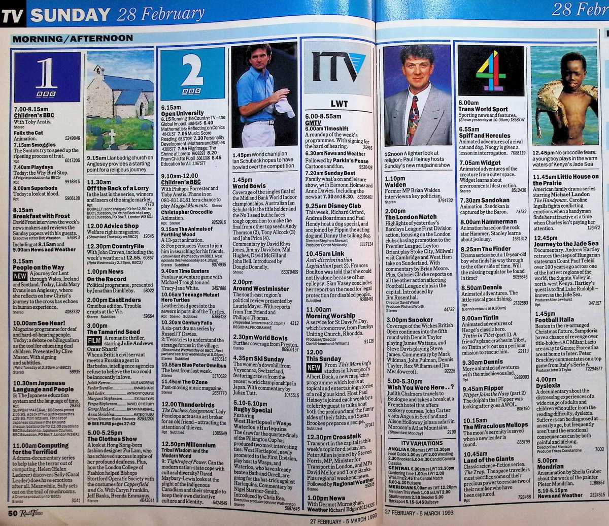 TvDidYouSee's tweet image. #OnThisDay 28 February 1993 📺TV Listings
#JohnThaw spends A YEAR IN PROVENCE.
#DavidJason returns in THE DARLING BUDS OF MAY.
Screen Two: PRAGUE stars #AlanCumming.
Victor is summoned for jury duty in ONE FOOT IN THE GRAVE.
#DennisPotter&apos;s LIPSTICK ON YOUR COLLAR continues.