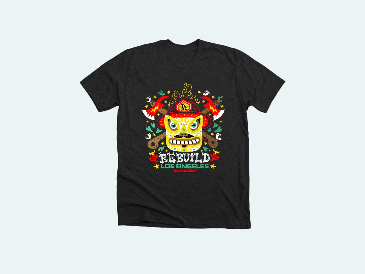 Bandcamp's tweet image. Thousands of fans, artists & labels came together for Bandcamp's Feb 7 Fundraiser. Together with our partners, we supported @MusiCares’ efforts for the SoCal wildfires. Missed out? Fundraiser tees are available through the end of February! bit.ly/4h10lNv