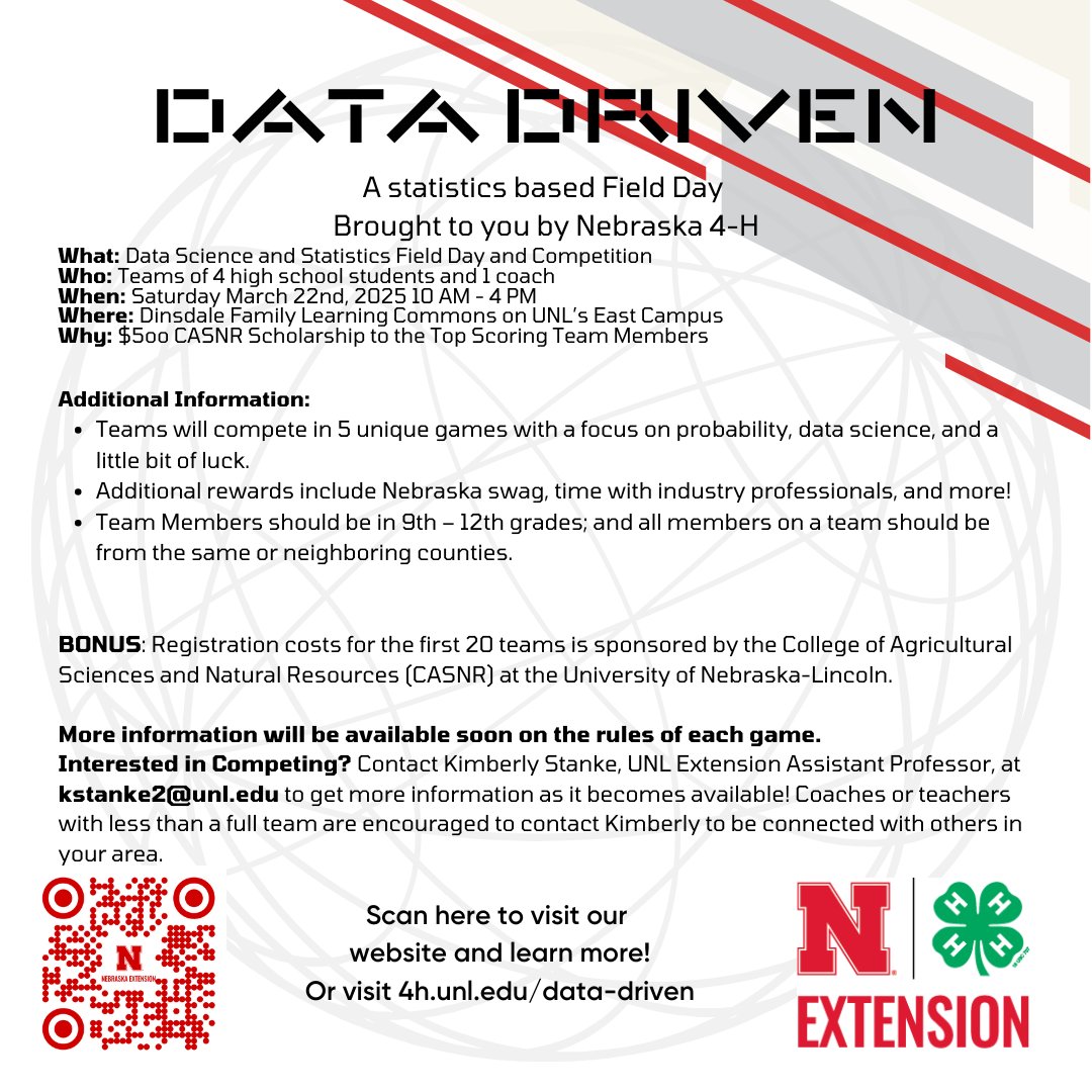 holtboyd's tweet image. &quot;Data Driven: A Statistics &amp;amp; Data Science Field Day&quot;
Interactive learning, friendly competitions, and networking opportunities. Register - 4h.unl.edu/data-driven
#DataDriven2025 #StatisticsFieldDay #DataScience #YouthEmpowerment