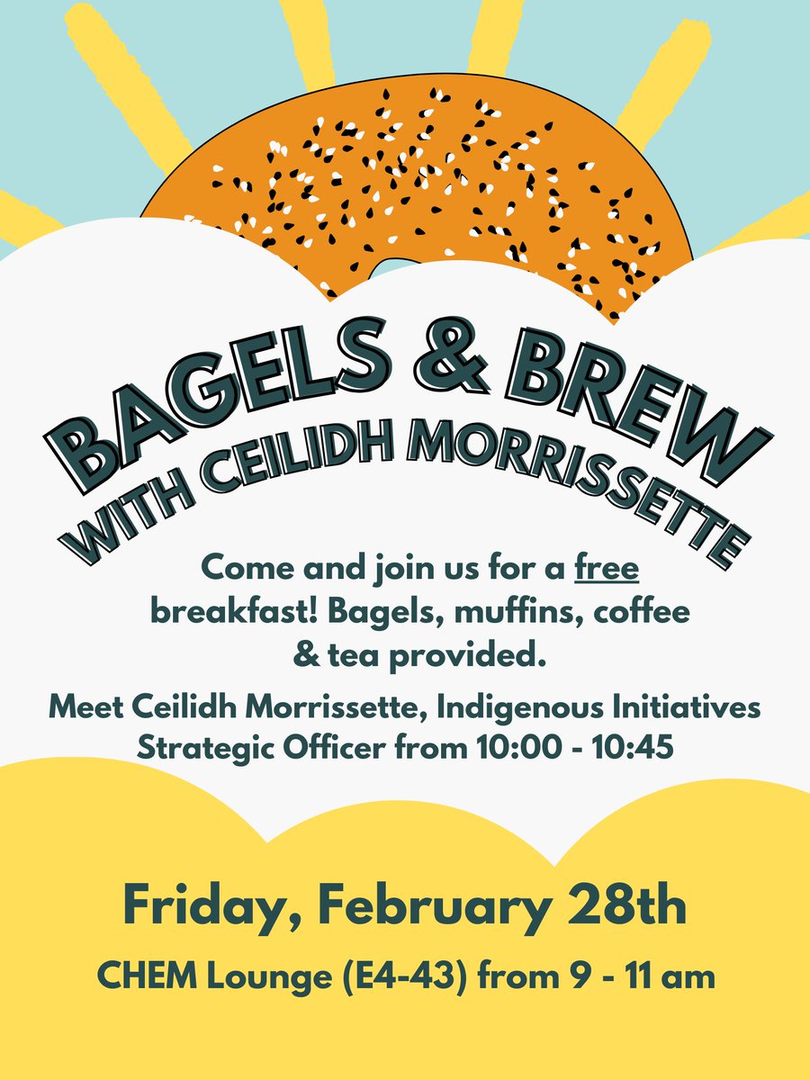 🥯☕ February Bagels &amp; Brew ☕🥯

Join us for free bagels, muffins, coffee &amp; tea this Friday Feb. 28th! This month, we’re excited to welcome the UofA Indigenous Initiatives Strategic Officer, Ceilidh Morrissette, as a guest. Come for the snacks, stay for the great conversation!
