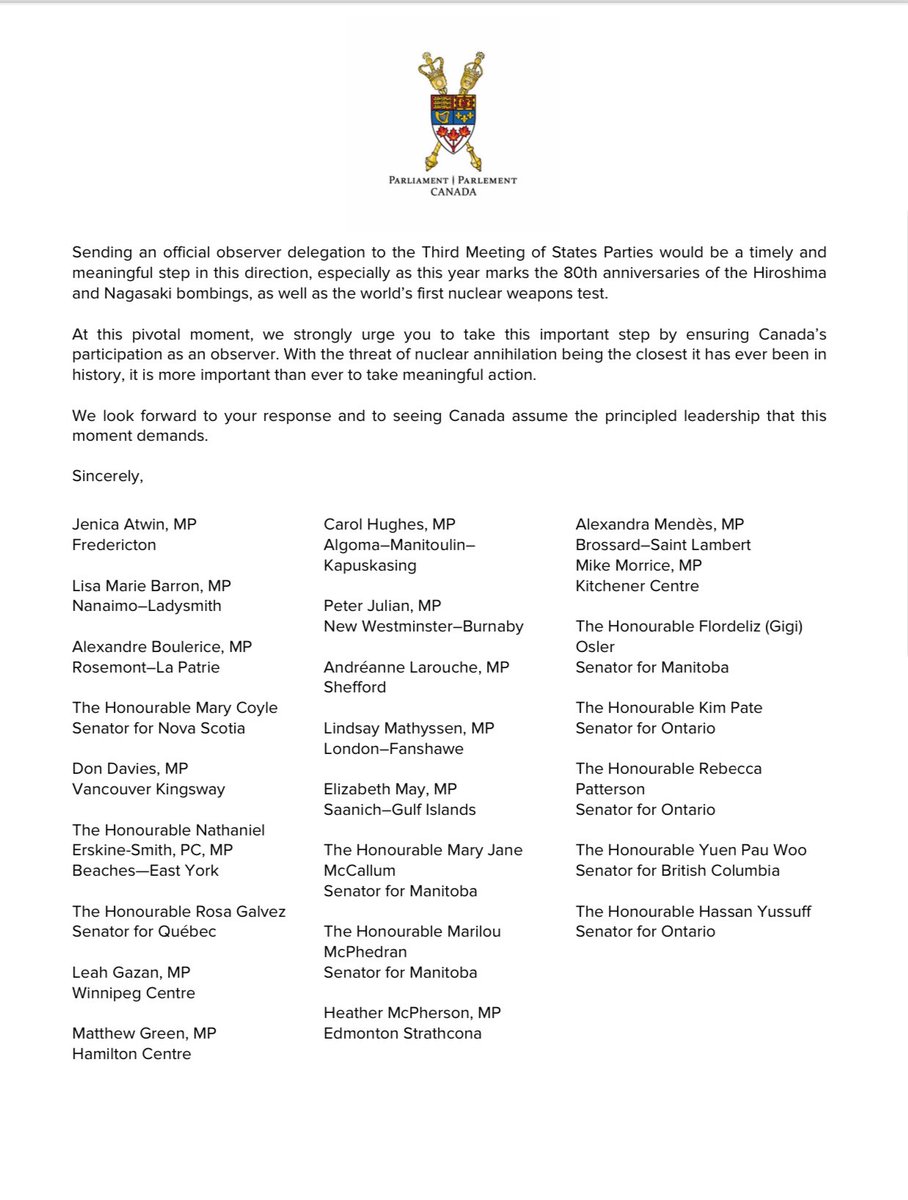 Heather McPherson (@hmcphersonmp) on Twitter photo The threat of nuclear catastrophe is the highest in history, Canada must step up and take leadership in the global movement for nuclear disarmament. That’s why I’ve signed a letter urging 🇨🇦 to join global #NuclearBan talks at the <a href="/UN/">United Nations</a> next week. The threat of nuclear catastrophe is the highest in history, Canada must step up and take leadership in the global movement for nuclear disarmament. That’s why I’ve signed a letter urging 🇨🇦 to join global #NuclearBan talks at the <a href="/UN/">United Nations</a> next week.