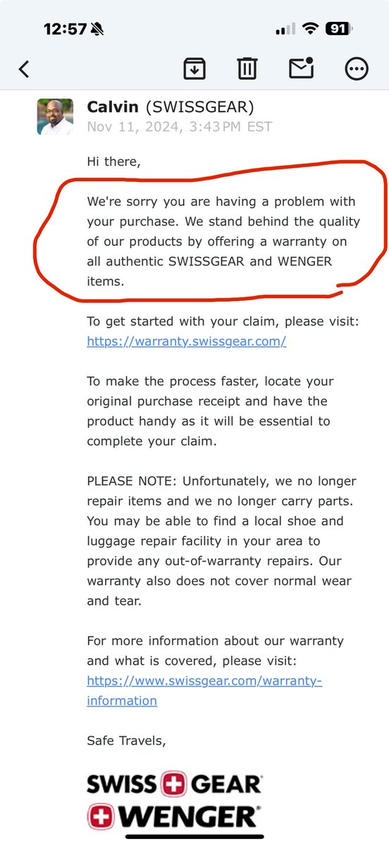 jvibezy's tweet photo. @SWISSGEAR Your warranty team falsely denied my claim, blaming airline damage when my luggage broke while walking through a hotel—normal use. When I tried to respond, ur system blocked me. Denying valid claims + silencing customers? That’s unethical. Fix this. #WarrantyScam https://t.co/O7JyphALVi