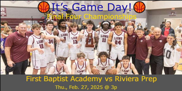 FHSAA Sports (@fhsaaf2) on Twitter photo 🏀It’s Game Day🏀Final Four Championships
First Baptist Academy vs Riviera Prep
📺Live on: bit.ly/3CUJbmy
⏰today @ 3p.
<a href="/FBAbball_4HG/">Fba Lions Basketball</a> <a href="/FBA_Athletics_/">FBA Athletics</a> <a href="/darin_donalds/">Darin Donalds</a> <a href="/ACC021203/">Anthony C. Cassano</a> <a href="/andrew_loveall/">Andrew Loveall</a> <a href="/Anth3ny_h/">Anthony Hernandez</a> <a href="/DigrigoliAndres/">Andres DiGrigoli</a> <a href="/JaydenPetit12/">Jayden Petit</a> <a href="/AleLeal12345678/">Lealsan</a> <a href="/VintageOlisaLLC/">BIG DOG ✨ 🔌</a> 🏀It’s Game Day🏀Final Four Championships
First Baptist Academy vs Riviera Prep
📺Live on: bit.ly/3CUJbmy
⏰today @ 3p.
<a href="/FBAbball_4HG/">Fba Lions Basketball</a> <a href="/FBA_Athletics_/">FBA Athletics</a> <a href="/darin_donalds/">Darin Donalds</a> <a href="/ACC021203/">Anthony C. Cassano</a> <a href="/andrew_loveall/">Andrew Loveall</a> <a href="/Anth3ny_h/">Anthony Hernandez</a> <a href="/DigrigoliAndres/">Andres DiGrigoli</a> <a href="/JaydenPetit12/">Jayden Petit</a> <a href="/AleLeal12345678/">Lealsan</a> <a href="/VintageOlisaLLC/">BIG DOG ✨ 🔌</a>