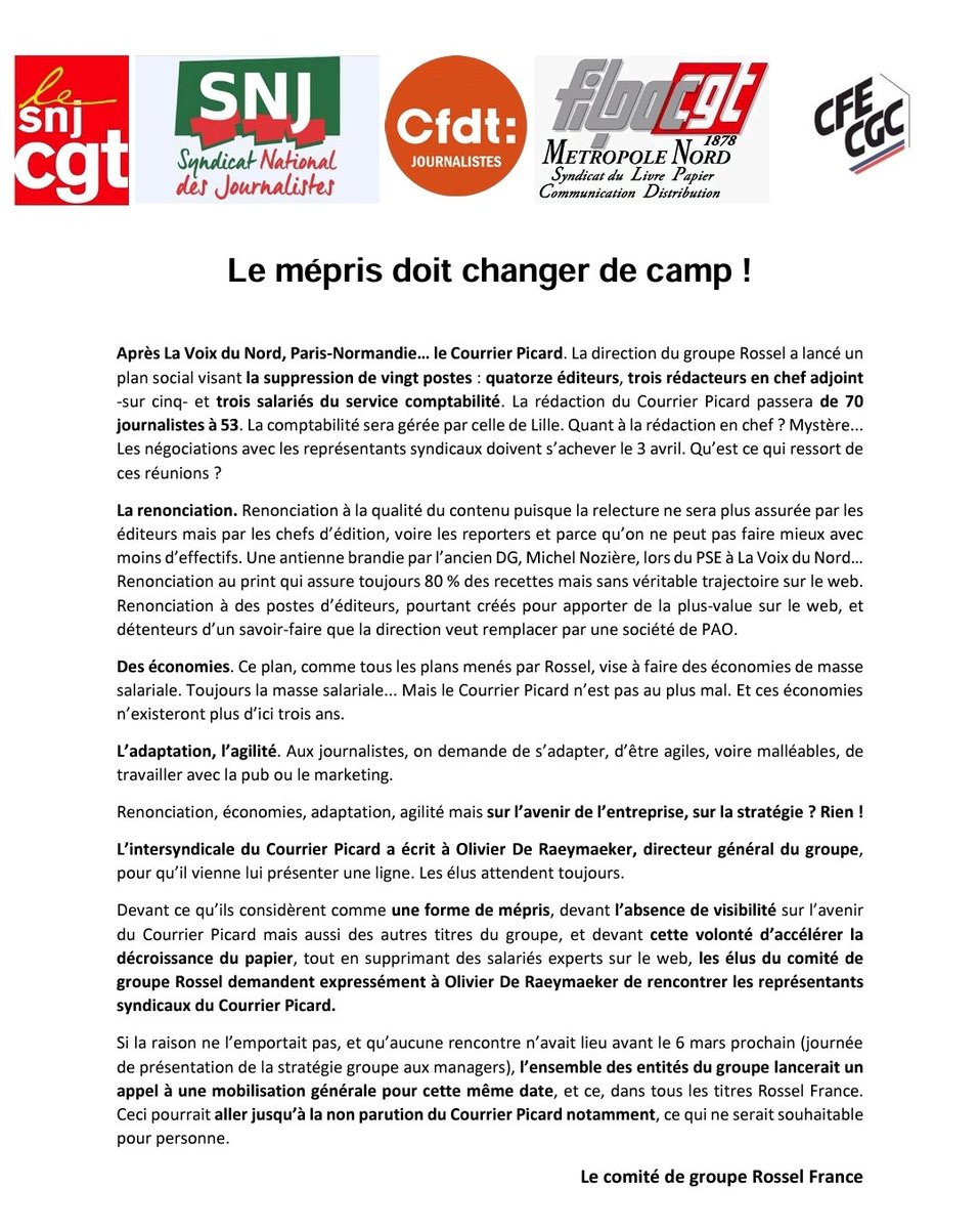 SNJ_national's tweet photo. PSE au Courrier Picard : appel intersyndical à la mobilisation pour le 6 mars dans l'ensemble du groupe Rossel ✊️ 
https://t.co/tQCaRF0Ppp https://t.co/vLdzFgeSQA