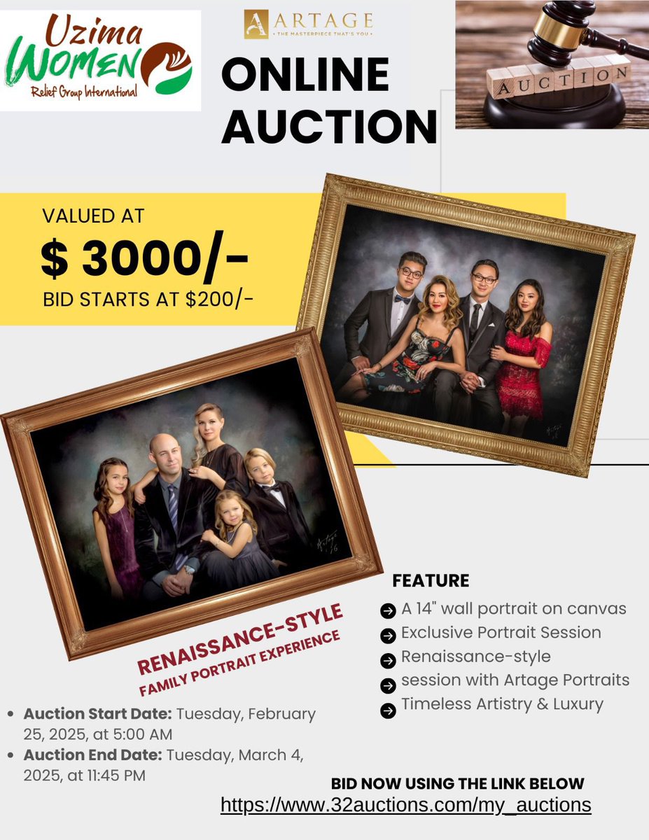 🚨 *Auction is LIVE!* 🚨
Don’t miss your chance to win a *luxurious Artage Portrait experience valued at $3,000!*
🏆 Bidding starts at just *$200!*
Every bid supports Uzima’s mission to uplift marginalized communities.
🔗 Start Bidding Now: [32auctions.com/my_auctions]
#UzimaAuction