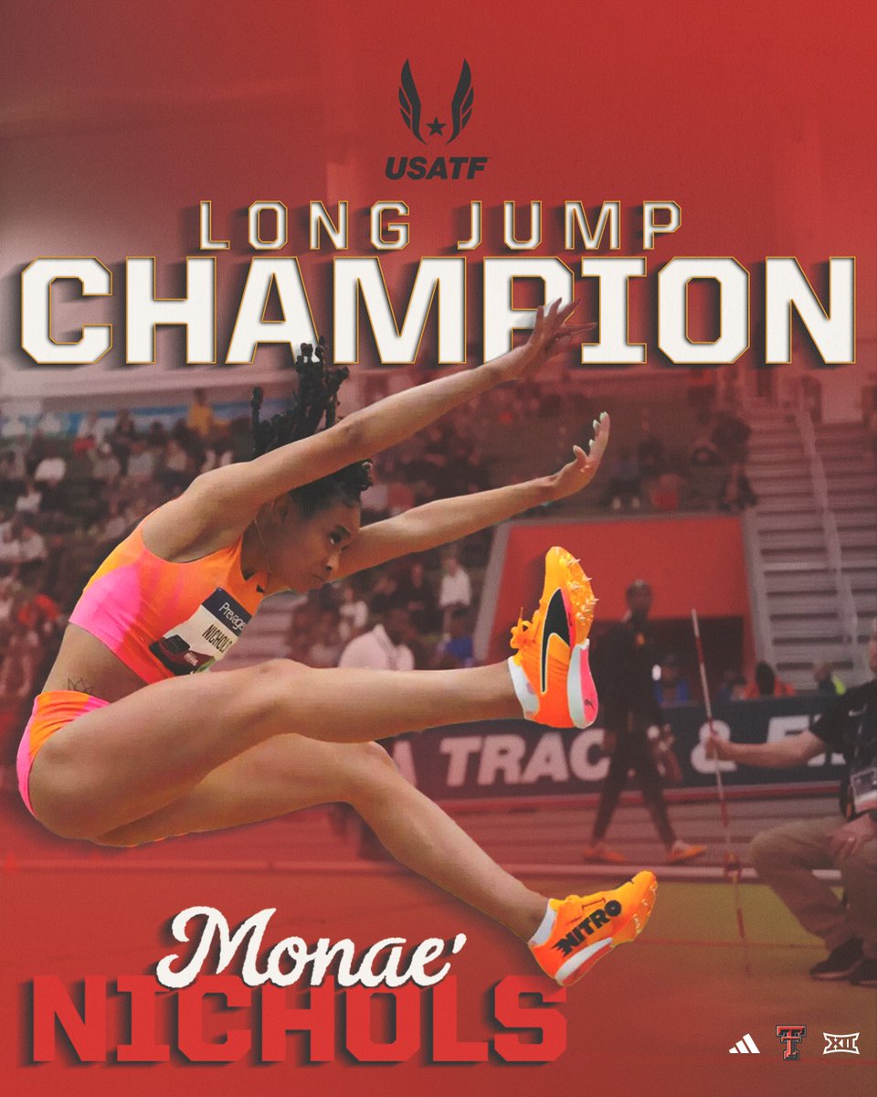 Texas Tech Red Raiders (@techathletics) on Twitter photo Special congrats to <a href="/TexasTechTF/">Texas Tech Track & Field</a> alum Monae' Nichols on winning the Long Jump title at the U.S. Indoor Championship! ๐บ๐ธ๐ฅ
<a href="/usatf/">USATF</a> | <a href="/DoubleTVarsity/">Double T Varsity Club</a> | #WreckEm Special congrats to <a href="/TexasTechTF/">Texas Tech Track & Field</a> alum Monae' Nichols on winning the Long Jump title at the U.S. Indoor Championship! ๐บ๐ธ๐ฅ
<a href="/usatf/">USATF</a> | <a href="/DoubleTVarsity/">Double T Varsity Club</a> | #WreckEm