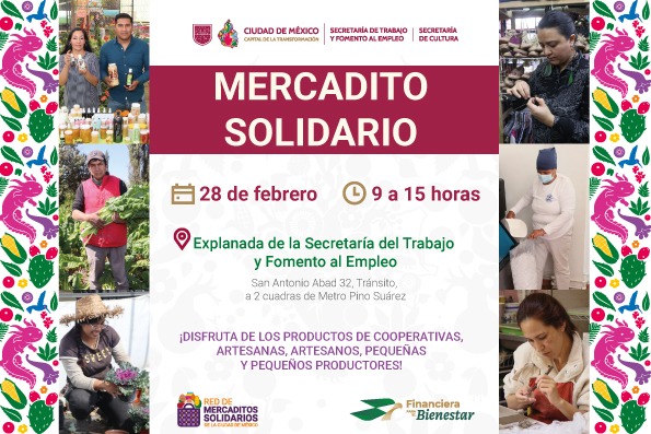 Te invitamos a visitar nuestro Mercadito Solidario, conoce los productos que te ofrecen las cooperativas y apoya la economía local. 🍯💐

📌Te esperamos este viernes 28 de febrero en la sede de <a href="/TrabajoCDMX/">Trabajo CDMX</a>. 

🕒 9:00 a 15:00 h

#UtopíaLaboral #CapitalDeLaTransformación