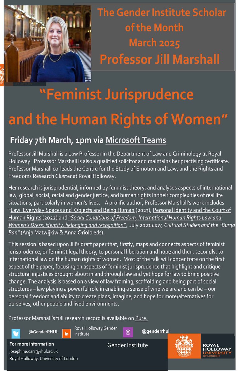 Help us celebrate International Women's Day (a day early) with Professor Jill Marshall discussing "Feminist Jurisprudence and the Human Rights of Women" on Friday 7th March at 1pm via Teams - everyone is most welcome!