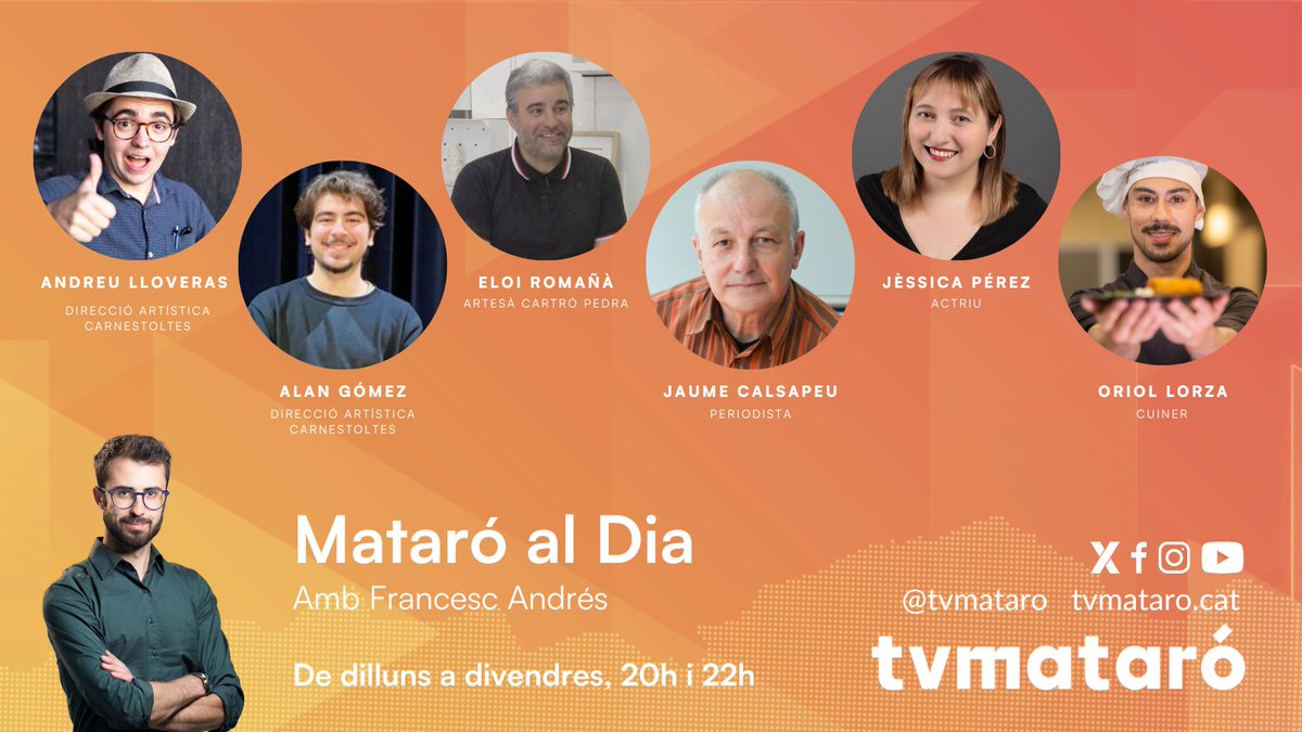 tvmataró (@tvmataro) on Twitter photo 📺Aquesta nit, al #MataróAlDia, portem el carnestoltes als estudis!
🔸Les novetats d'aquest any
🔸Pellofa i Mataró, història del carnestoltes
🔸Cuina en directe: botifarres i truita
🗣️<a href="/AndreuLloveras/">Andreu Lloveras</a>
🗣️Alan Gómez
🗣️Eloi Romañà
🗣️Jaume Calsapeu
🗣️<a href="/jessicapeca/">Jèssica Pérez Casas</a>
🗣️<a href="/oriol_lorza45/">LORZA</a> 📺Aquesta nit, al #MataróAlDia, portem el carnestoltes als estudis!
🔸Les novetats d'aquest any
🔸Pellofa i Mataró, història del carnestoltes
🔸Cuina en directe: botifarres i truita
🗣️<a href="/AndreuLloveras/">Andreu Lloveras</a>
🗣️Alan Gómez
🗣️Eloi Romañà
🗣️Jaume Calsapeu
🗣️<a href="/jessicapeca/">Jèssica Pérez Casas</a>
🗣️<a href="/oriol_lorza45/">LORZA</a>