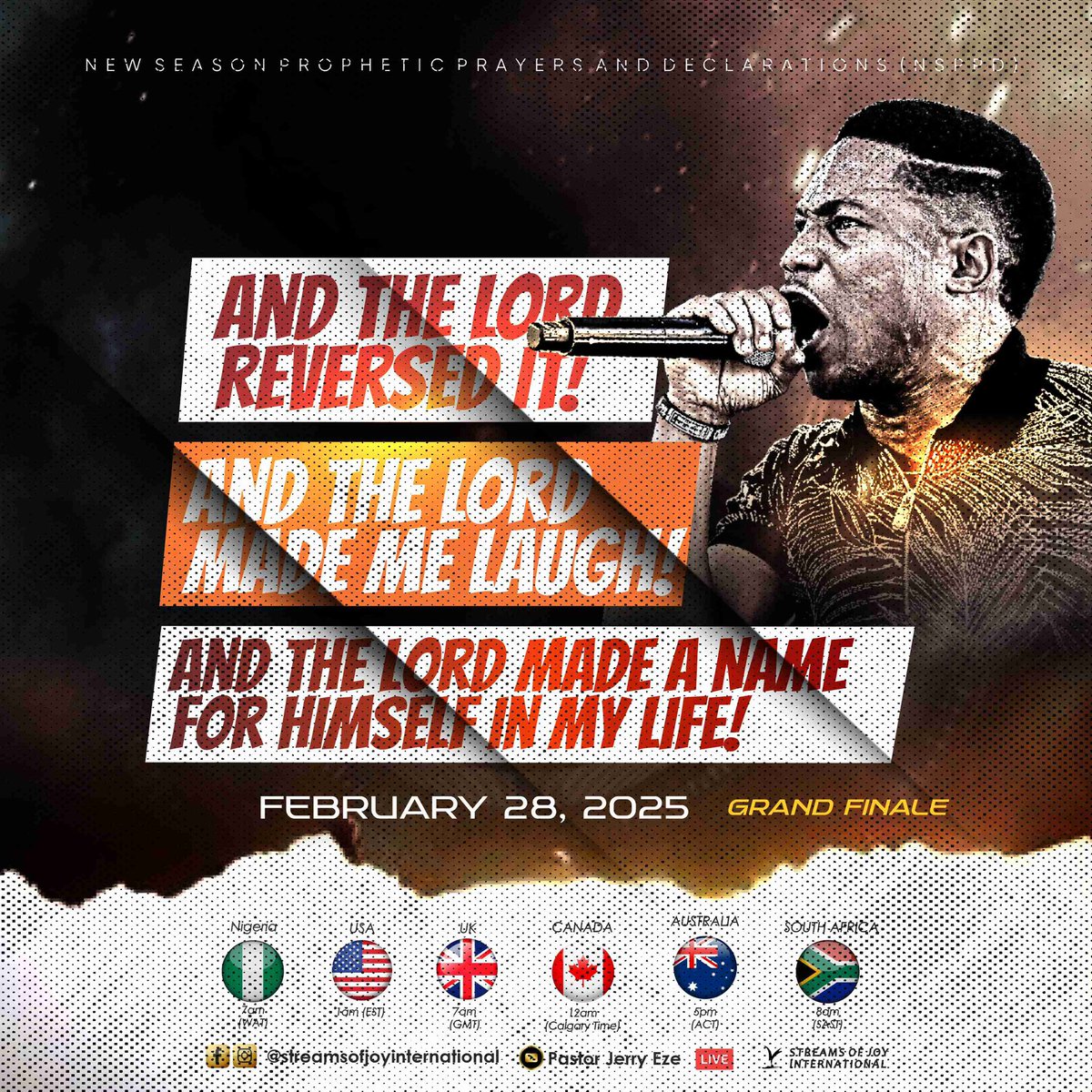 RealJerryEze's tweet photo. YOUR WEEPING DAYS ARE OVER!
DRY YOUR TEARS; THE LION OF THE TRIBE OF JUDAH HAS PREVAILED!
THE GRAND FINALE...

AND THE LORD REVERSED IT
AND THE LORD MADE ME LAUGH
AND THE LORD MADE A NAME FOR HIMSELF IN MY LIFE (DAY5)

And I wept much, because no man was found worthy to open and to read the book, neither to look thereon. And one of the elders saith unto me, Weep not: behold, THE LION OF THE TRIBE OF JUDAH..., HATH PREVAILED to open the book, and to loose the seven seals thereof (Revelations.5:4-5)

Tomorrow on NSPPD FIRE ALTAR at 7am Nigerian time, books will be opened, seals will be loosed. There will be a reversal! Your days of laughter are here. Hallelujah!!

EXPECT 》》》
》Glory-Friday Impartation Service 
》Special Gender Prayers 
》Operation Perfection & Completion 
》Operation My Family Must Answer A New Name 
》Operation My Cup Runs Over 
》Operation No Negative Carry Over 

🍽️Come Fasting from 6AM to 3PM All Week- this last week in February 
💥Bring Your Mantle for Impartation Friday Service 
✍️Write down 7 New Divine Laws That Will Be Operational In Your Life
📄Come with your Congratulations Note 
📞Invite at least 3 new persons to join you LIVE 
📺Watch LIVE please, atmospheres aren't easily recreated. 

WHAT GOD CANNOT DO DOES NOT EXIST.

Declare With Me: IT IS REVERSED! THE LION OF THE TRIBE OF JUDAH HAS PREVAILED. 

#NSPPD 
#7amfireprayers
