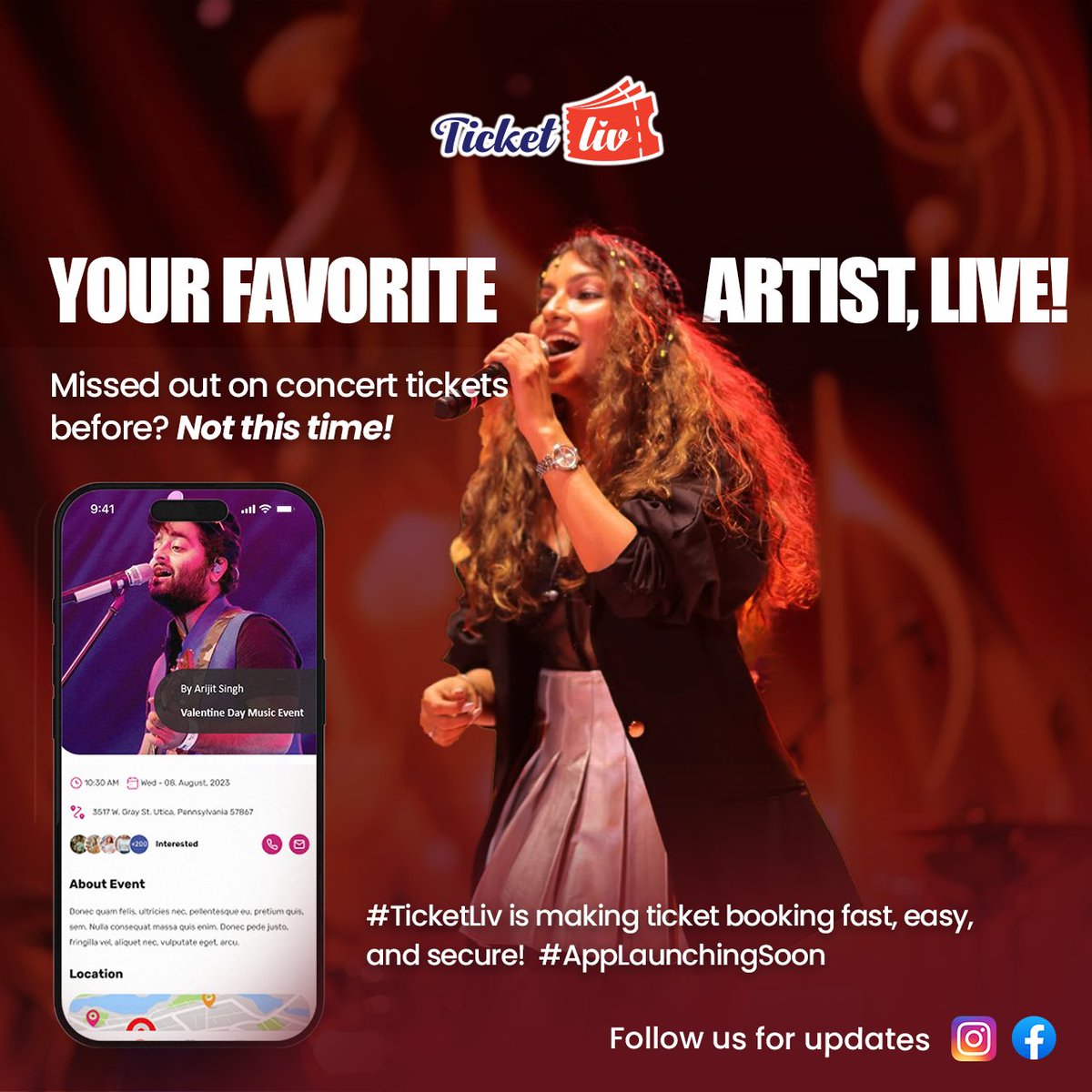 TicketLiv's tweet photo. 🎶 Your Favorite Artist, Live!**  

Missed out on concert tickets before? Not this time! 🚀🎤 
 **#TicketLiv** is making ticket booking **fast, easy, and secure**!  #AppLaunchingSoon

🔥 Follow us now for updates!  
#TicketLiv #AppComingSoon #ConcertVibes #MusicLovers #LiveMusic https://t.co/A0YPoXbW6C