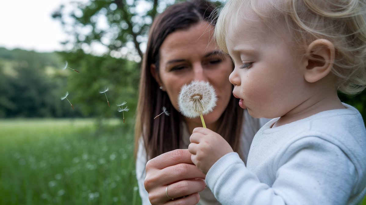 A photo of a tender moment between a woman and a young child in an outdoor setting. The woman is closely observing a dandelion she holds. The child is blowing on the dandelion, causing its seeds to scatter in the air. The backdrop is a lush green field with trees, suggesting a serene and peaceful environment.