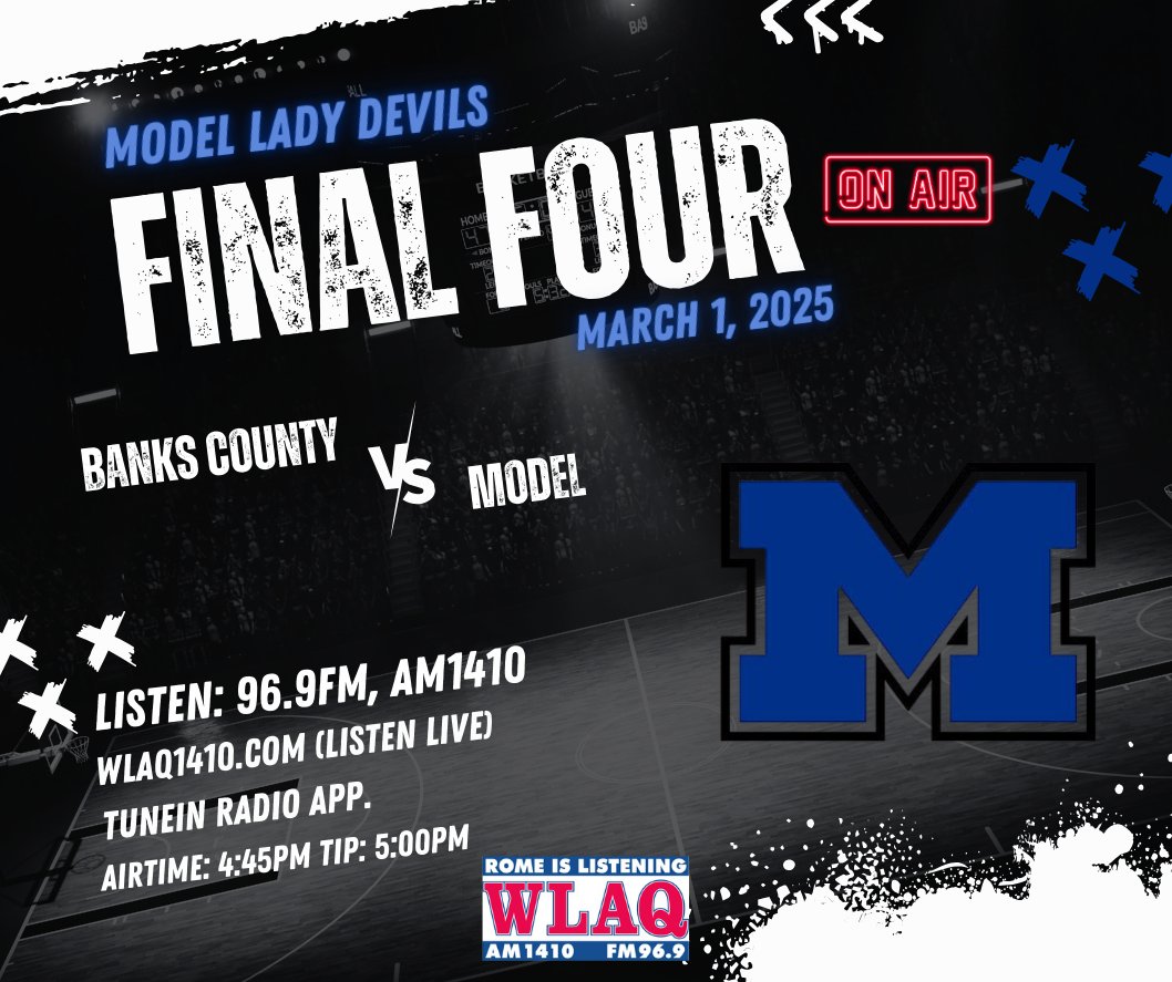 Wear your blue, BE LOUD, and support the Model Lady Devils Basketball team in Milledgeville this Saturday (3/1) as they compete in the GHSA semifinals!  We will have live radio on WLAQ.  
⏰Airtime: 4:45 PM
🏀TIp: 5:00 PM
📻: 96.9FM, 1410AM
📱: wlaq1410.com, TuneIn