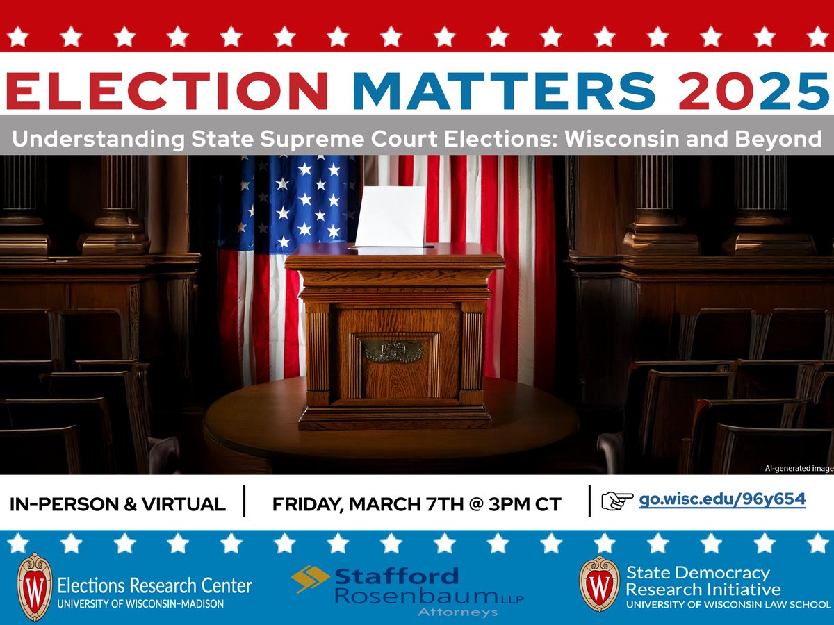 Curious about what the broader implications of State Supreme Court elections? Wondering why these elections have become increasingly more important and expensive battlegrounds? Check out our event on Friday, March 7 to learn more!

Register here 👉 go.wisc.edu/96y654