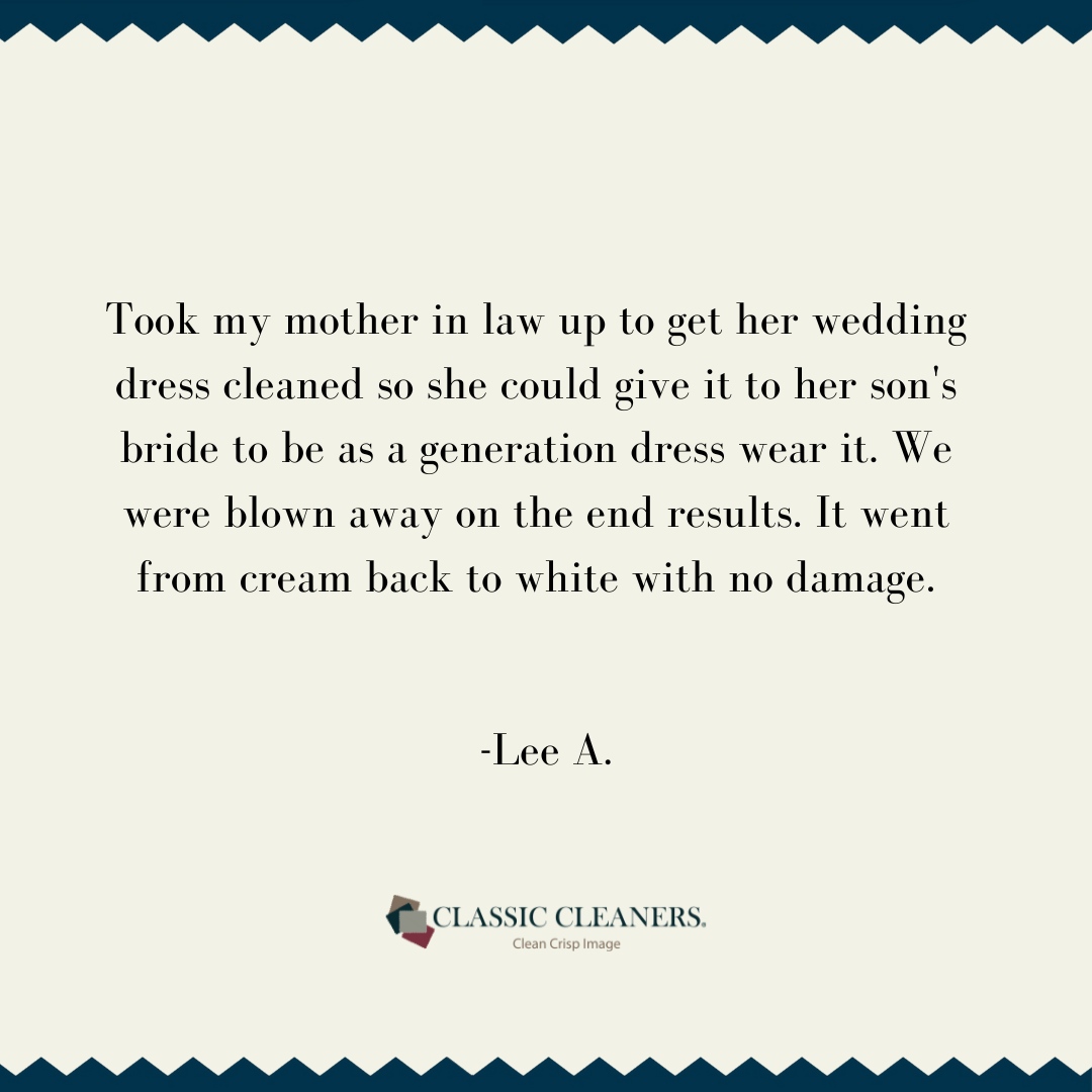 CleanCrispImage's tweet image. Thank you, Lee, for sharing this beautiful story! 💍 We’re honored to help preserve a cherished wedding dress for the next generation. Wishing your son and his bride all the best! #ClassicCleaners #WeddingMemories #TimelessCare
