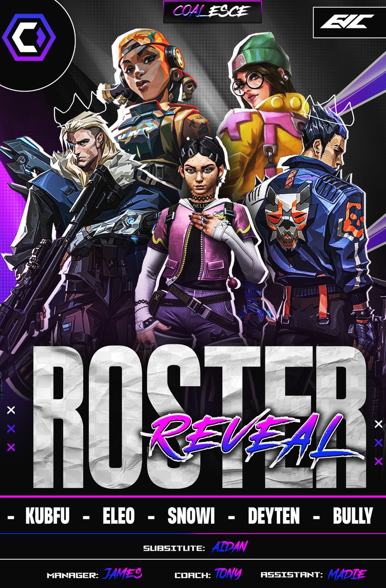 THE SURGE #3 IS HERE! ⚡️

Introducing the new #CLS roster for <a href="/EVCtournaments/">EVC</a> The Surge #3! 👀

⚔️ Players:
@KubfuVAL 
<a href="/therealeleo/">eleo</a> 
<a href="/SnowiVAL/">Snowi</a> 
<a href="/deytenvlr/">d</a> 
<a href="/bullyvlr/">bully</a> 
<a href="/aidqnVAL/">aidan</a> 

Coach: <a href="/TonY_Valorant/">RZN TonY</a> 
Assistant Coach :<a href="/E_Madelief/">Madie</a> 
Manager: <a href="/Obviouslyjames_/">sǝɯɐſ</a> 

Aidan will be