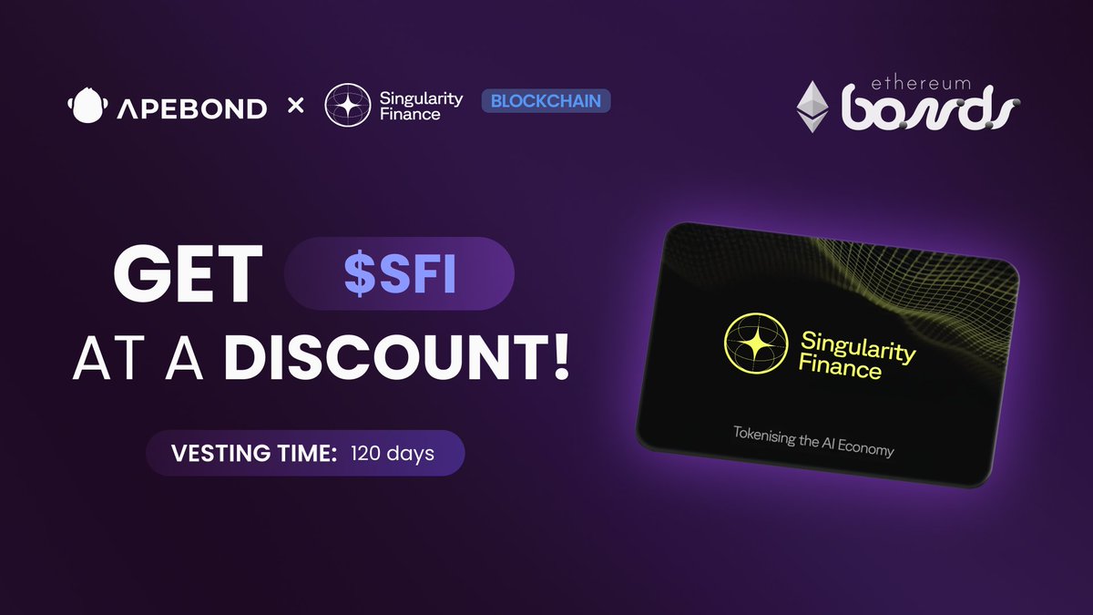 ApeBond (@apebond) on Twitter photo ⚪️ ETH Bonds with <a href="/Singularity_Fi/">Singularity Finance</a> are now LIVE!
$SFI powers an AI-centric Layer 2, bringing tokenized AI compute, agent monetization, and data ownership on-chain. Built for scalability and compliance—bridging AI and DeFi. 🤝
Grab discounted $SFI now!
➡️ apebond.click/SFI ⚪️ ETH Bonds with <a href="/Singularity_Fi/">Singularity Finance</a> are now LIVE!
$SFI powers an AI-centric Layer 2, bringing tokenized AI compute, agent monetization, and data ownership on-chain. Built for scalability and compliance—bridging AI and DeFi. 🤝
Grab discounted $SFI now!
➡️ apebond.click/SFI