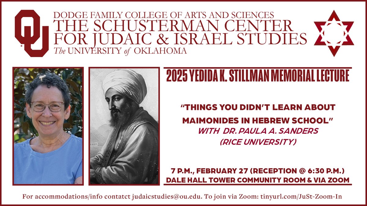 Join us THIS EVENING for our 25th Annual YKS Memorial Lecture: “Things you didn’t learn about Maimonides in Hebrew School,” with Paula Sanders in the DAHT Community Room. For info visit: ou.edu/cas/judaicstud…