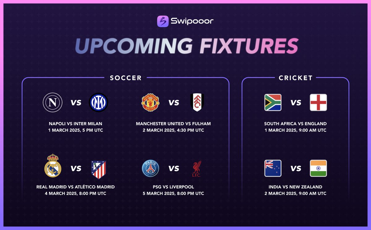 swipooor's tweet image. Six massive matchups are LIVE on Swipooor!
Big stakes. Bigger bragging rights. Are you in?👀
- Login via X or Email
- Pick your Mode
- Swipe, Predict & Lock
- Deposit 0.26 SOL to enter
Time’s ticking, get swiping NOW: swipooor.io
