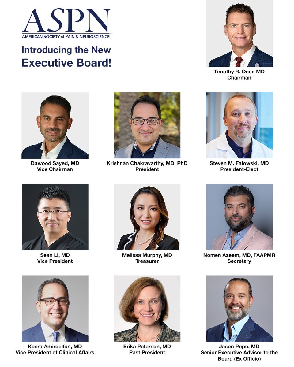 ASPN (@aspn_painneuro) on Twitter photo We are pleased to introduce the newly appointed ASPN Executive Board.
Each person here represents the highest standards of clinical excellence, scientific advancement, and professional collaboration. #ASPN
<a href="/doctdeer/">Tim Deer</a>
<a href="/dsayed1/">Dawood Sayed, MD</a> <a href="/ErikaPetersenMD/">Dr. Erika Petersen</a>
@Scorah_ssmb We are pleased to introduce the newly appointed ASPN Executive Board.
Each person here represents the highest standards of clinical excellence, scientific advancement, and professional collaboration. #ASPN
<a href="/doctdeer/">Tim Deer</a>
<a href="/dsayed1/">Dawood Sayed, MD</a> <a href="/ErikaPetersenMD/">Dr. Erika Petersen</a>
@Scorah_ssmb