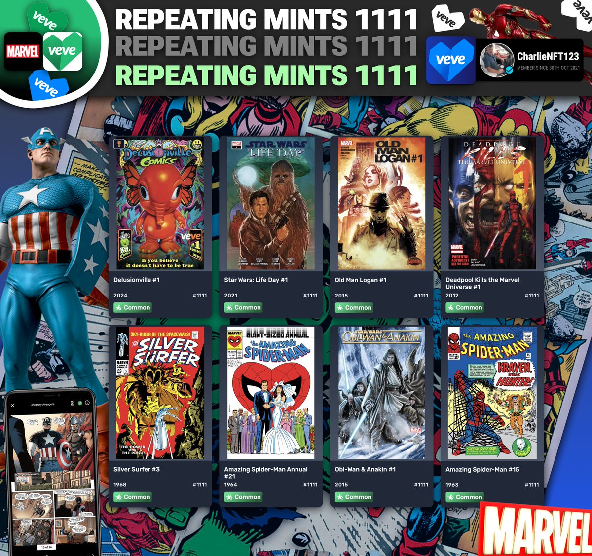 🔥 Repeating Mints Madness! 🔥
Presenting an extraordinary set of comics, all with the iconic mint #1111! From timeless classics like Silver Surfer #3 (1968) and Amazing Spider-Man #15 (1963) to modern favorites like Deadpool Kills the Marvel Universe #1 (2012) and Delusionville