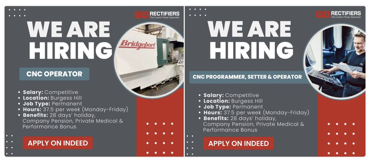 GDRectifiers's tweet image. Looking for new #CNCOperator or #CNCProgrammer role? Come and join us at GD 🤩
Whether you’re looking for a hands-on way to kickstart and progress your career in #CNCmachining or ready to take on a new challenge in #CNCprogramming, this could be just what you're looking for!