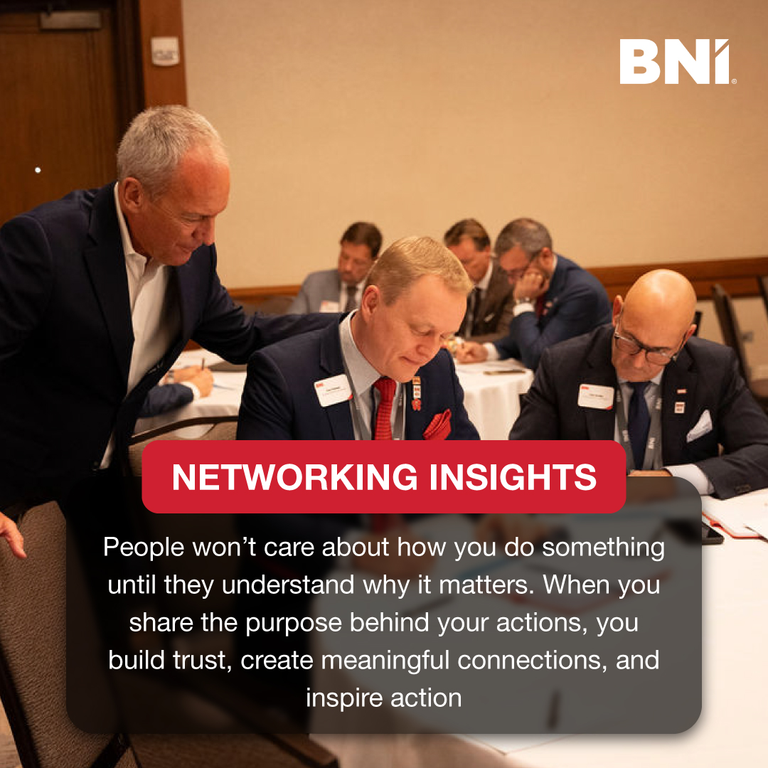 People don’t just connect with what you do—they connect with why you do it.

What’s your why?

#BNI #BNIMembers #People #Networking