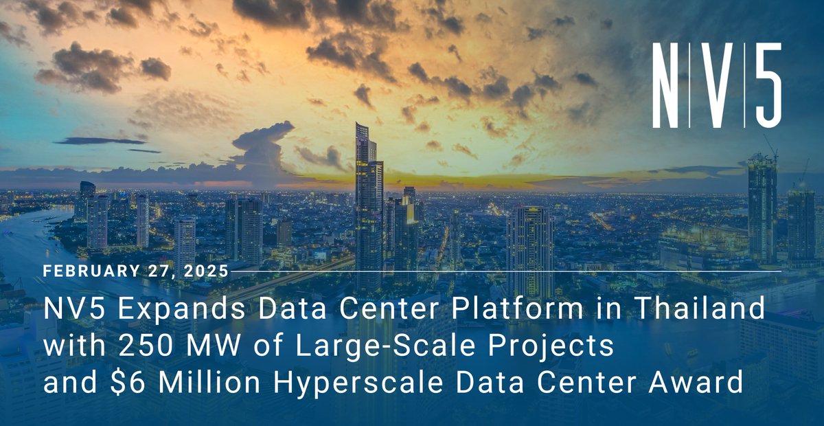 NV5 expands its footprint in Thailand with over 250 MW of secured data center projects, including a $6M commissioning project for a U.S. tech company. As cloud and AI demand rises, NV5 continues delivering reliable, sustainable infrastructure solutions. ir.nv5.com/news-events/ne…
